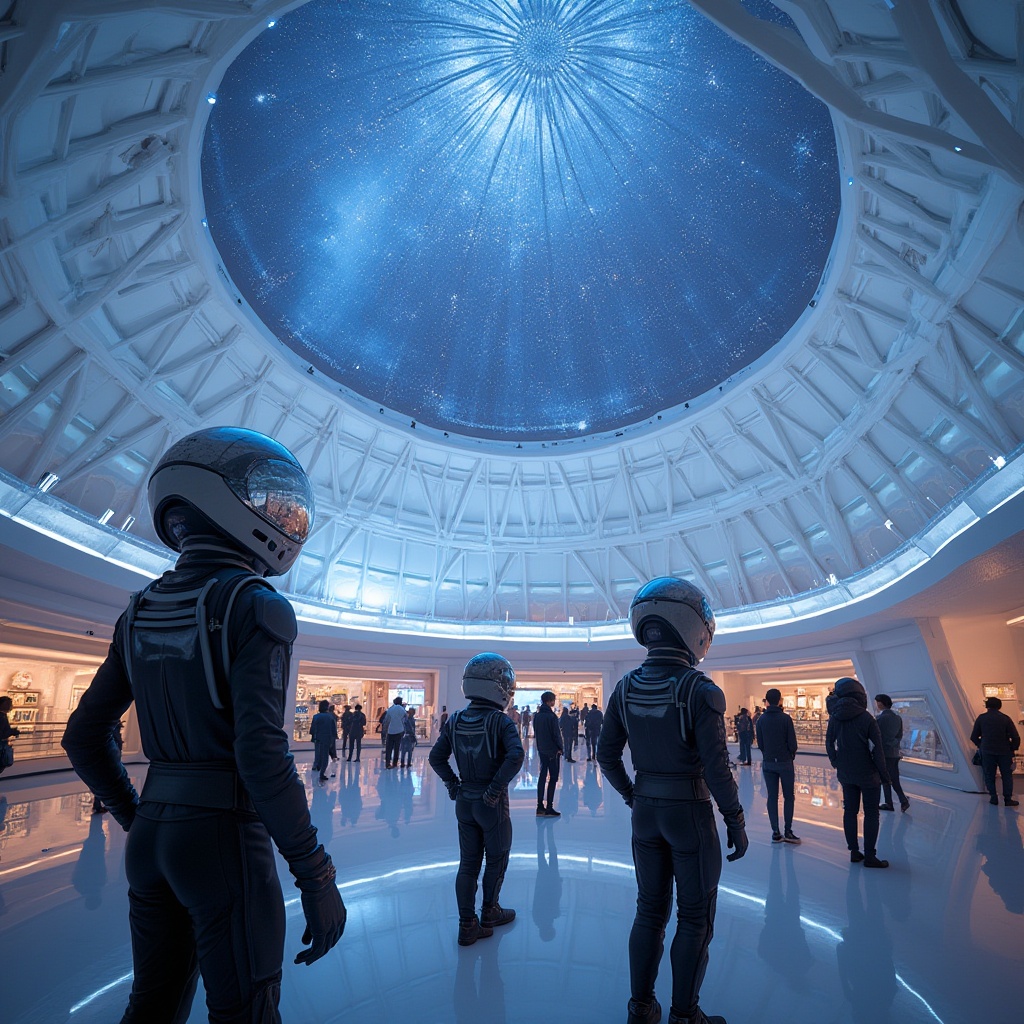 Prompt: Polycarbonate dome, futuristic planetarium, majestic architecture, glossy white exterior, intricate framework structure, soft neon lighting, starry night sky projection, ambient glow, 3/4 composition, low-angle shot, people walking around, hands behind back, observing, curious expression, modern astronaut helmets, sleek black space suits, reflective visors, detailed textures, metallic accents, subtle mist effect, shallow depth of field.