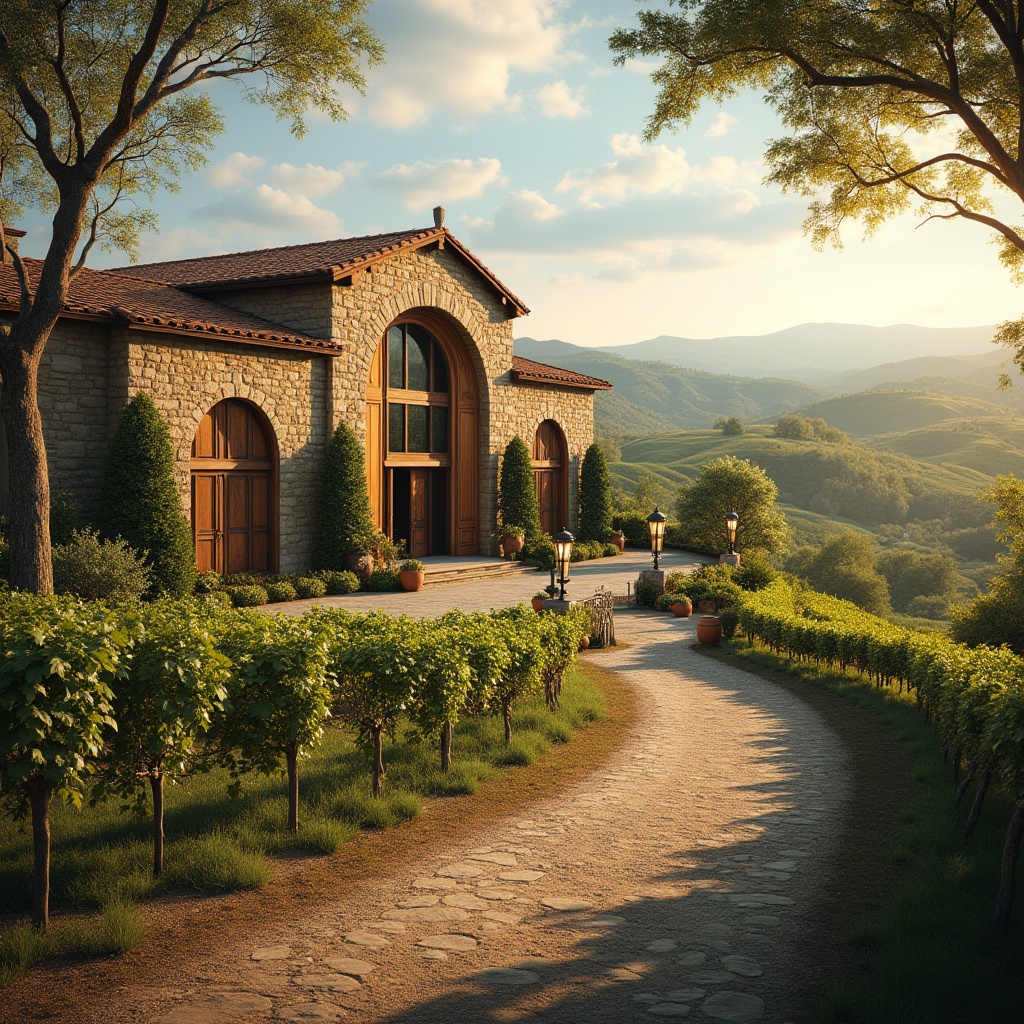 Prompt: Majestic winery building, international style architecture, grandeur entrance, stone walls, wooden doors, vineyard surroundings, rolling hills, sunny afternoon, warm lighting, Mediterranean ambiance, rustic charm, earthy tones, green roofs, curved lines, large windows, modern facilities, wine barrels, cellar doors, grapevine trellis, walking paths, scenic views, Tuscany landscape, golden hour, soft focus, natural textures, weathered wood.