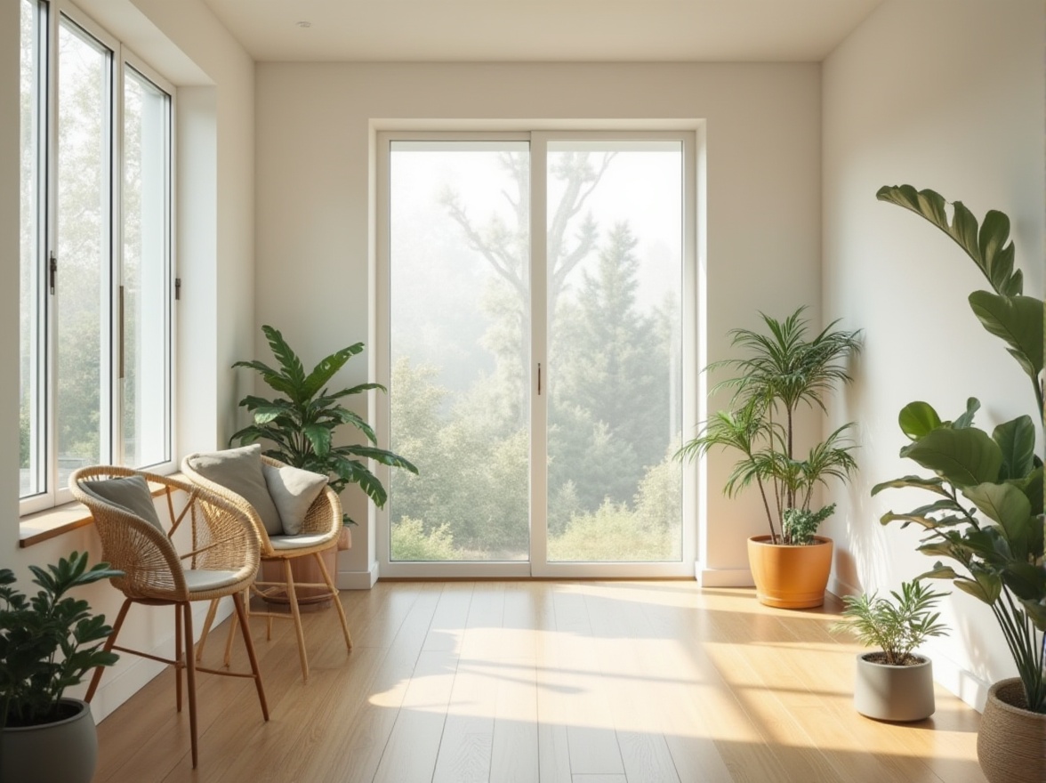 Prompt: Minimalist suburban home, clean lines, simple shapes, white walls, large windows, natural light, wooden floors, low-profile furniture, empty space, greenery, potted plants, cozy reading nook, calm atmosphere, morning sun, soft shadows, 3/4 composition, natural colors, texture contrast, shallow depth of field.