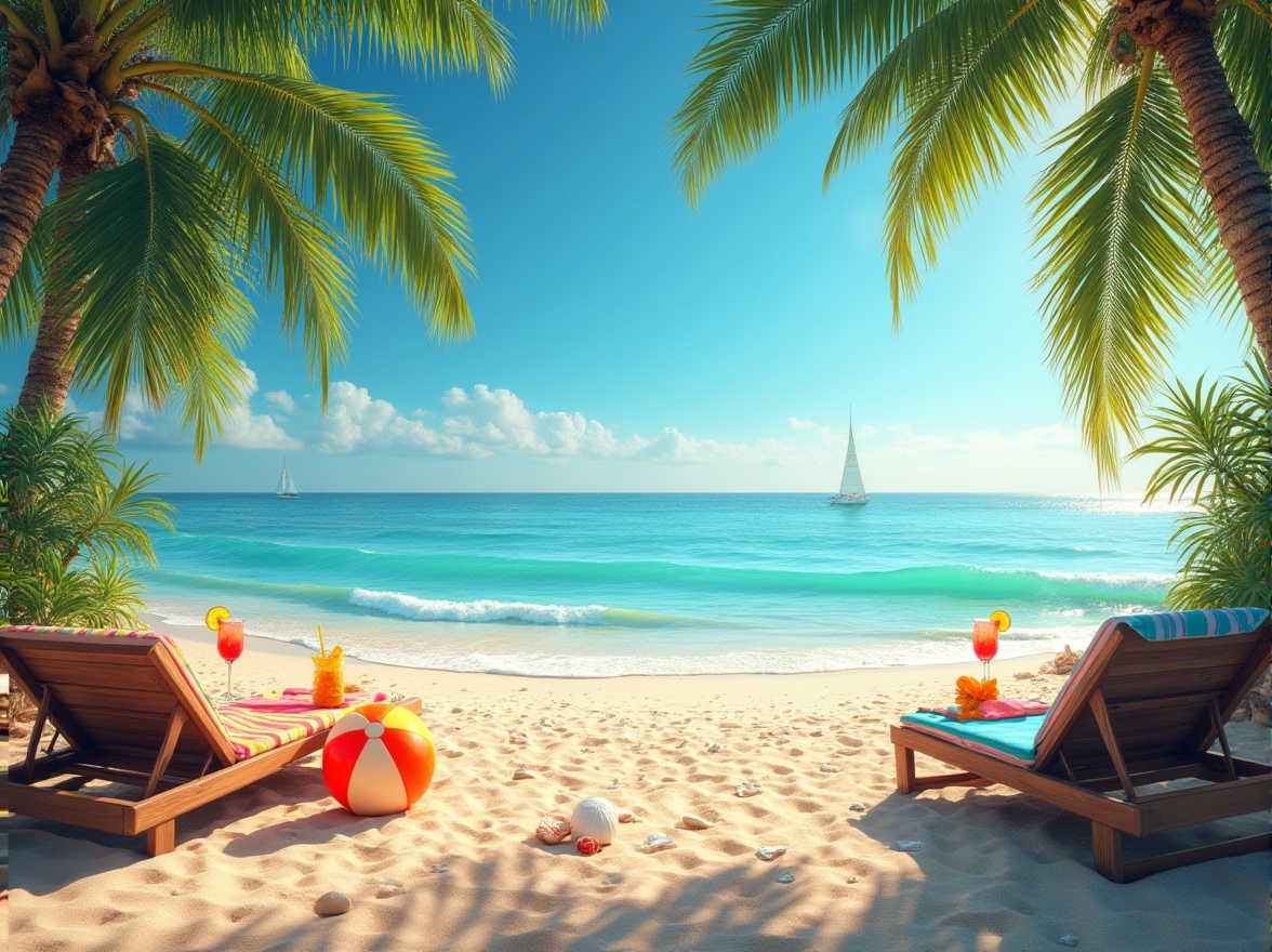 Prompt: Beach scene, vibrant heliotrope color scheme, tropical atmosphere, warm sunlight, clear blue sky, few white clouds, beach balls, colorful towels, comfortable lounge chairs, refreshing cocktails, palm trees swaying gently, seashells scattered on the sand, sandy dunes, driftwood, serene ocean waves, calm sea surface, sailboats in the distance, warm golden light, shallow depth of field, cinematic composition, 3/4 view, relaxed beachgoers, joyful laughter, lively atmosphere.