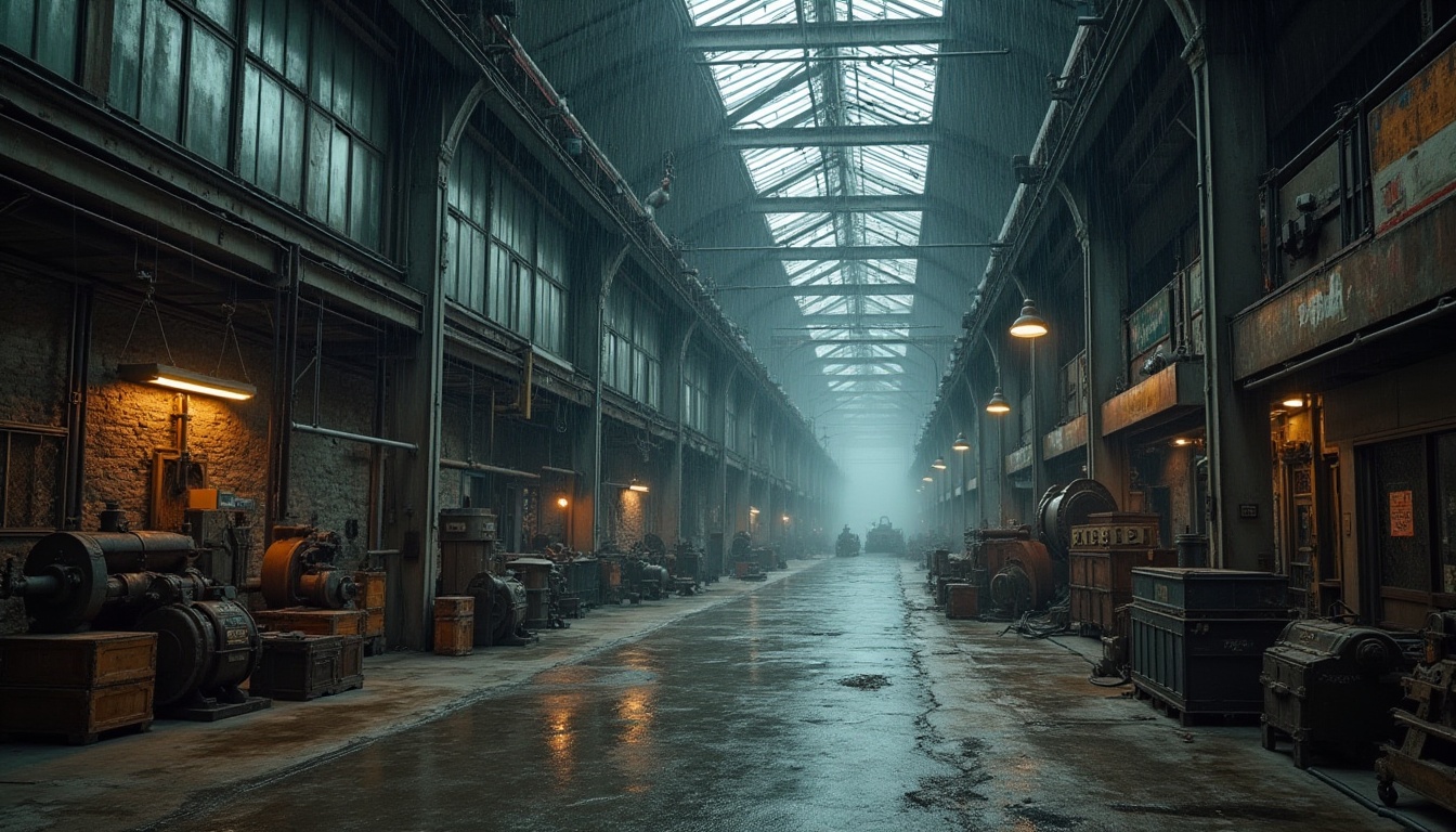 Prompt: Industrial warehouse, modern architecture, brutalist structure, exposed ductwork, steel beams, concrete floors, brick walls, metal frames, large windows, skylights, overhead cranes, pulleys, old machinery, worn wooden crates, rusty metal pipes, vintage factory signs, dim ambient light, high ceilings, urban cityscape, rainy day, misty atmosphere, cinematic composition, 3/4 view, soft focus, film grain.