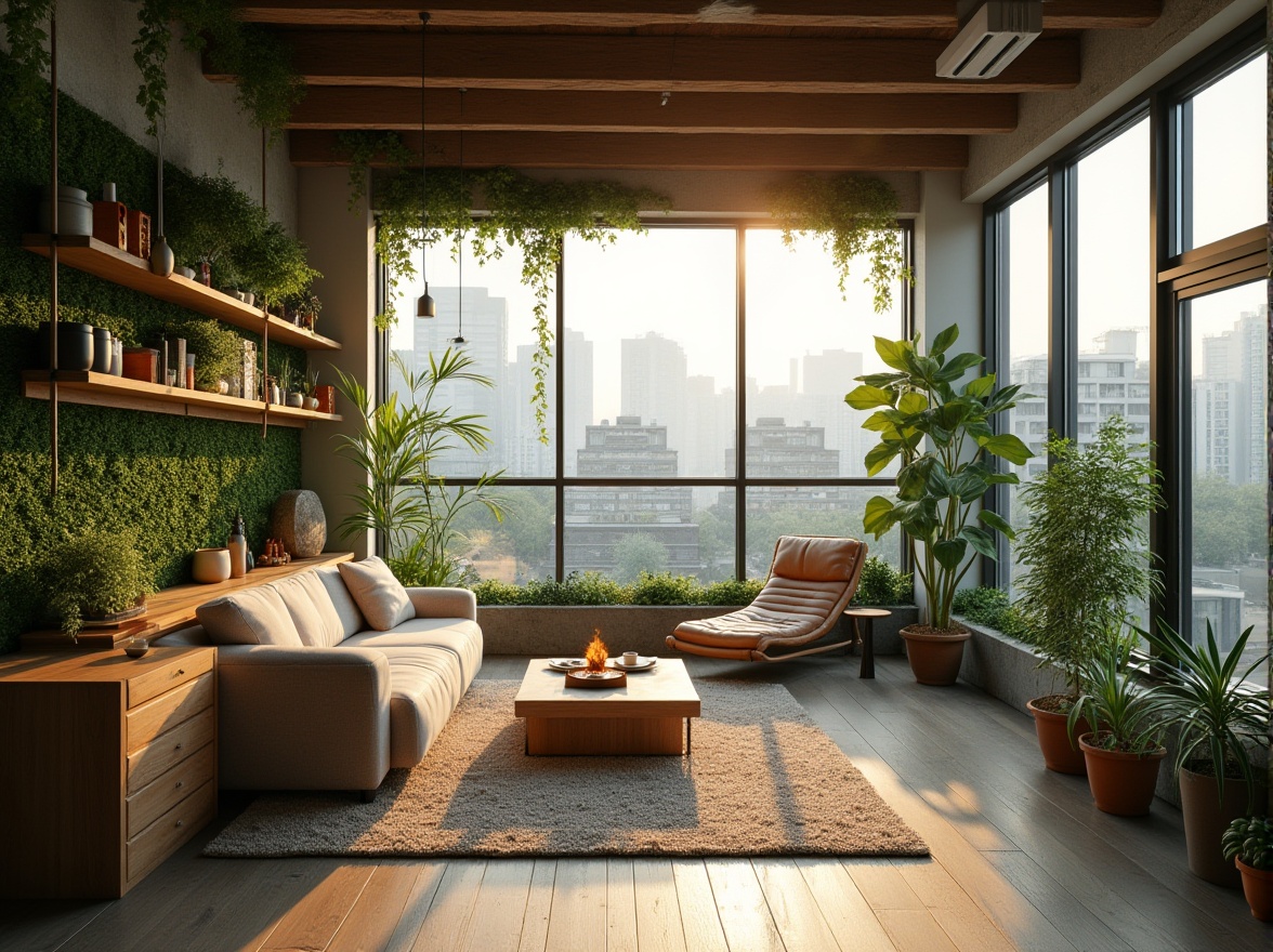 Prompt: Modern eco-friendly loft, social housing design, sustainable practices, rooftop garden, green walls, solar panels, recycled materials, natural ventilation, open floor plan, minimal waste, energy-efficient appliances, LED lighting, wooden accents, industrial chic decor, urban setting, cityscape view, morning light, soft focus, warm color palette, cozy atmosphere, 3/4 composition, shallow depth of field.