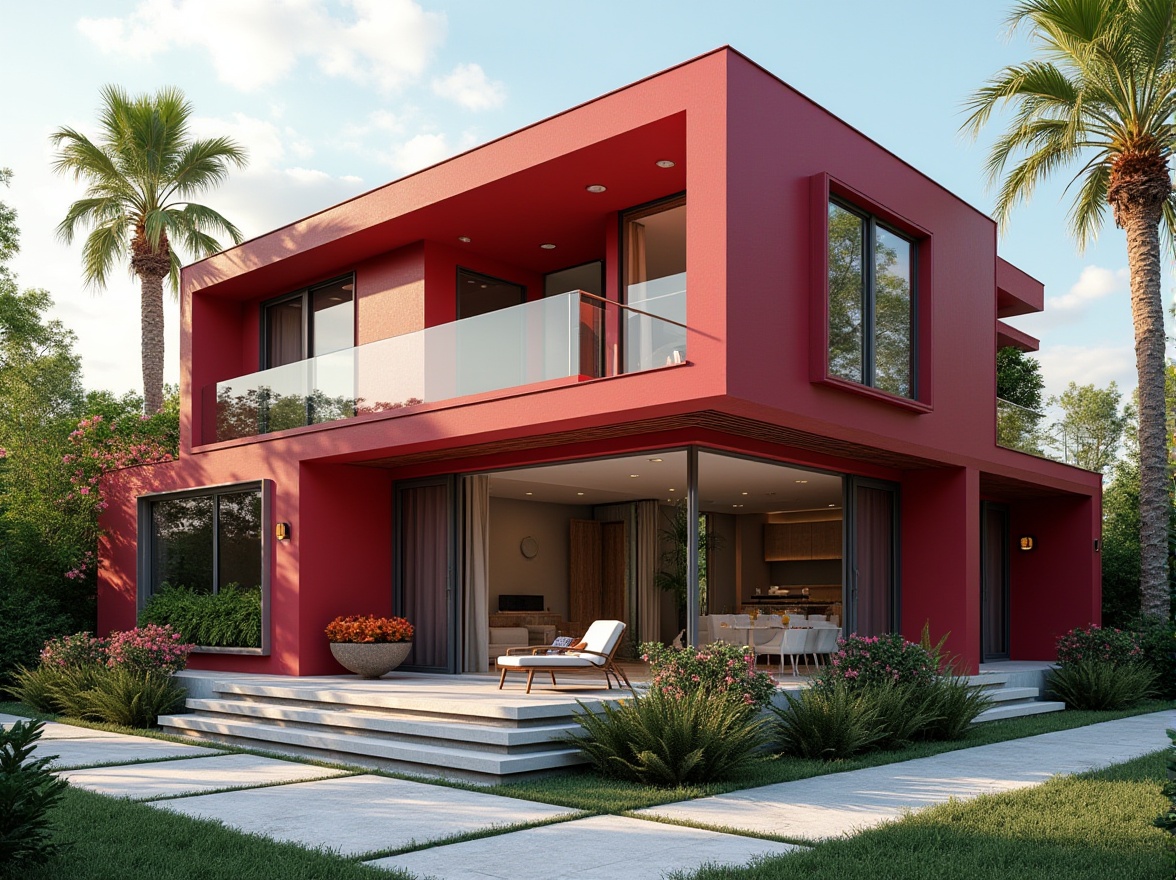 Prompt: Bold maroon house exterior, modern architecture, luxurious villa, large windows, minimalist design, clean lines, flat roof, angular structure, bold color scheme, bright maroon walls, white accents, sleek metal railings, lush greenery surroundings, tropical plants, palm trees, vibrant flowers, sunny day, warm ambient light, soft shadows, 3/4 composition, panoramic view.