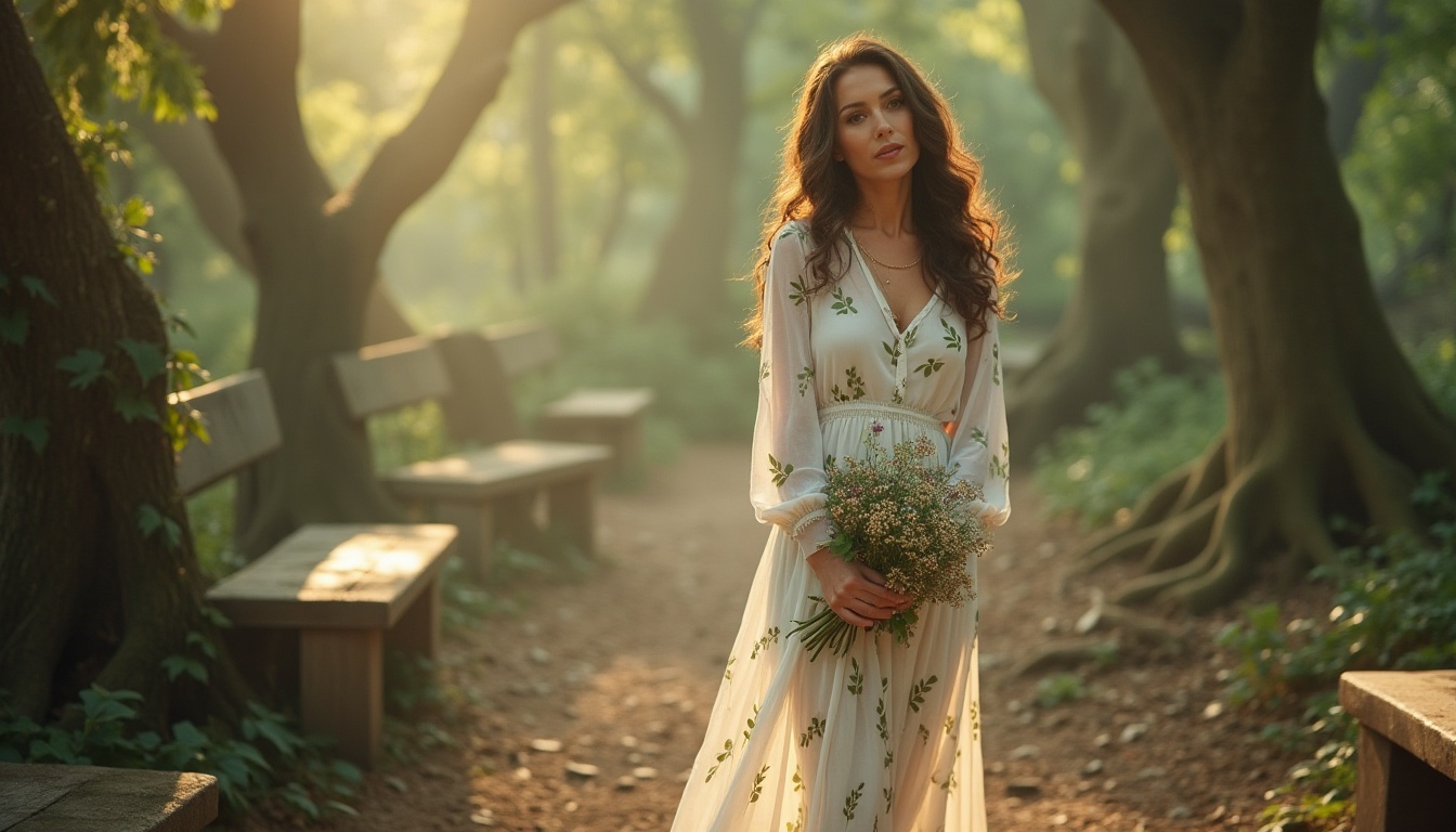 Prompt: Nature-inspired design, elegant mature lady, standing, gentle facial expression, long curly brown hair, minimal makeup, green eyes, white blouse with leaf patterns, flowy maxi skirt, flat sandals, holding a bouquet of wildflowers, serene forest surroundings, sunlight filtering through trees, misty atmosphere, ancient tree trunks, twisted vines, natural stone benches, soft warm lighting, cinematic composition, shallow depth of field.