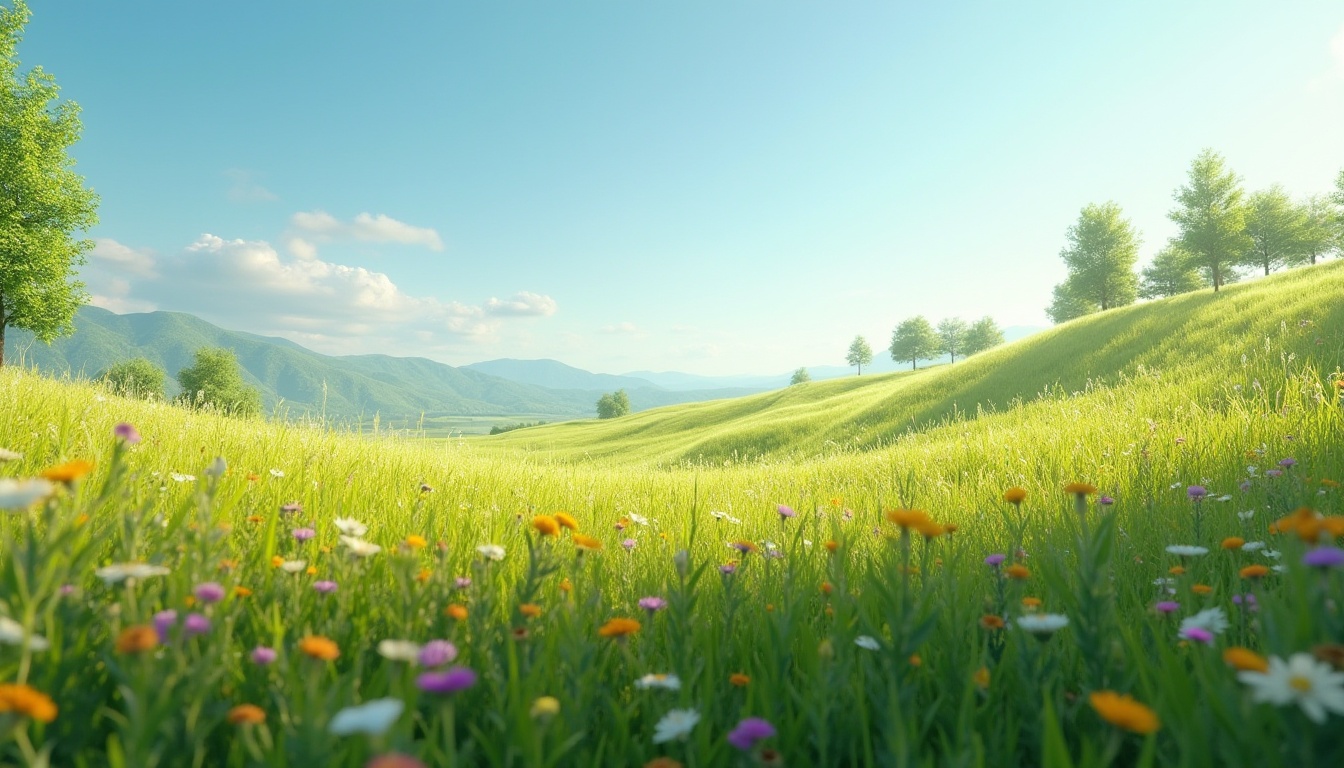 Prompt: natural grassland, serene atmosphere, vast open space, gentle slope, wildflowers blooming in vibrant colors, tall green grass swaying gently, few trees scattered, sunny day, warm soft light, cloudless blue sky, panoramic view, low angle shot, cinematic composition, emphasis on texture and depth of field, natural colors palette, realistic rendering.