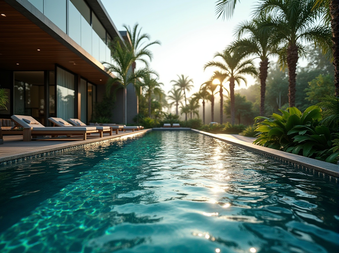 Prompt: Dark Cyan, luxurious pool, shimmering dark blue-green water, modern geometric pool shape, infinity edge, tropical plants surround, palm trees sway gently, sunny day, clear sky, warm ambient lighting, soft focus, 3/4 composition, beautiful detailed ripples on the water surface.