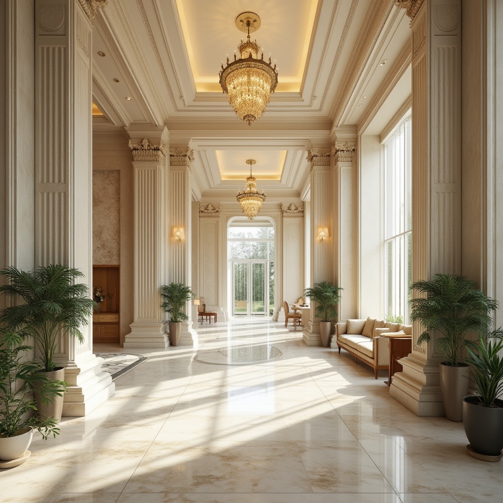 Prompt: Luxury hotel interior, grand lobby, limestone material, elegant columns, ornate carvings, cream-white walls, polished floors, high ceiling, majestic chandelier, natural light pouring through large windows, potted plants, comfortable couches, wooden furniture, subtle lighting, warm atmosphere, 3/4 composition, soft focus, realistic texture, depth of field.