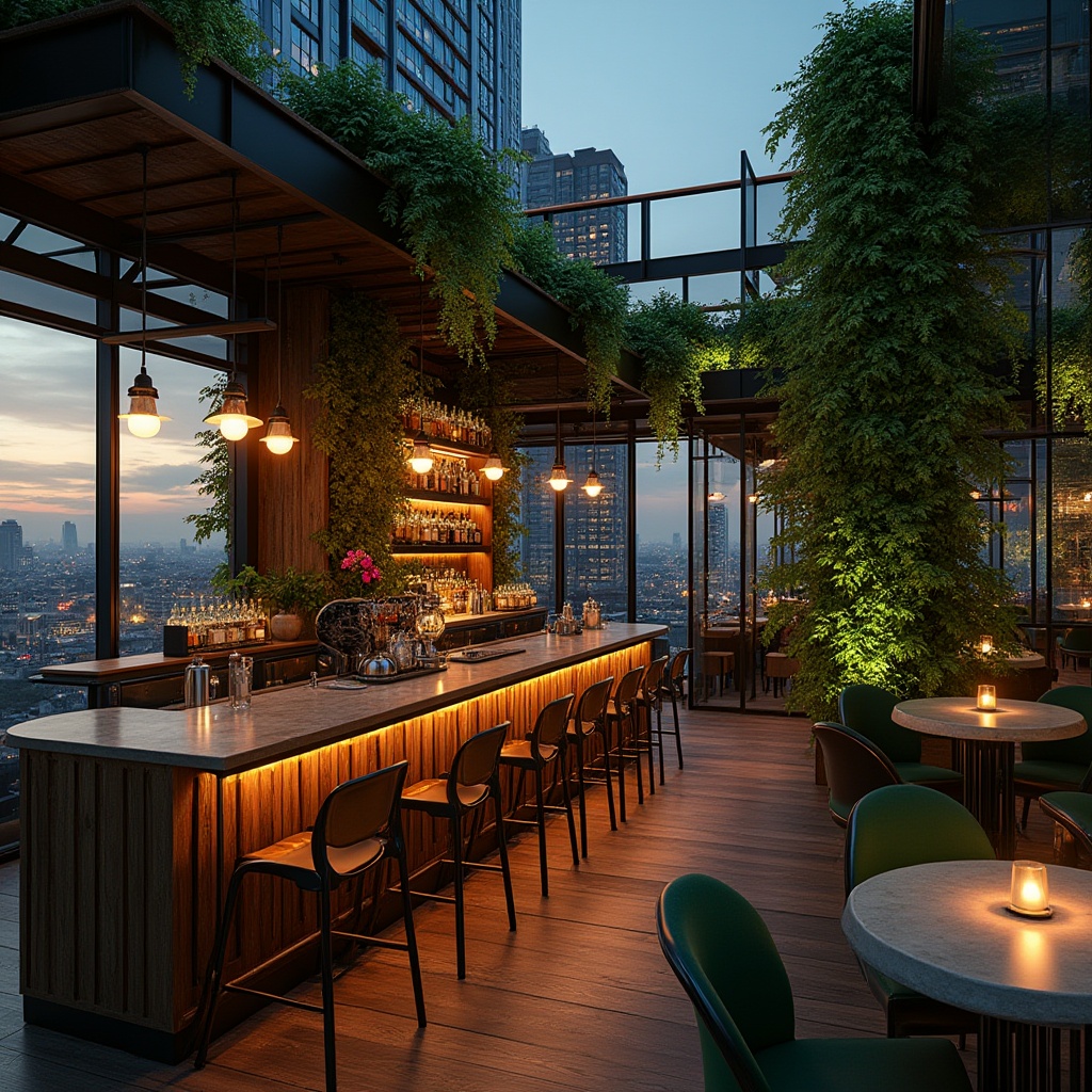 Prompt: Modern trendy bar, urban rooftop, green architecture, lush greenery walls, reclaimed wood accents, industrial metal beams, sleek glass railings, chic LED lighting, cityscape views, skyscraper backdrop, bustling streets below, evening atmosphere, warm ambient glow, 3/4 composition, low-angle shot, detailed textures, vibrant nightlife.