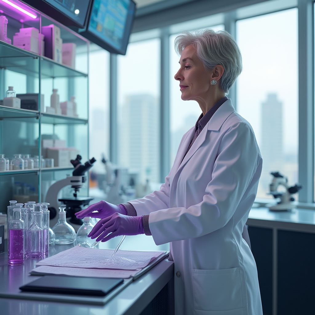 Prompt: Modern laboratory, plum-colored accents, sleek metal tables, futuristic equipment, glass beakers, test tubes, pipettes, microscopes, solo scientist, mature lady, white lab coat, plum-colored gloves, short hair, minimal makeup, focused expression, standing, hands holding equipment, cityscape view from window, skyscraper, daytime, natural light, soft shadows, 3/4 composition, realistic texture, ambient lighting.