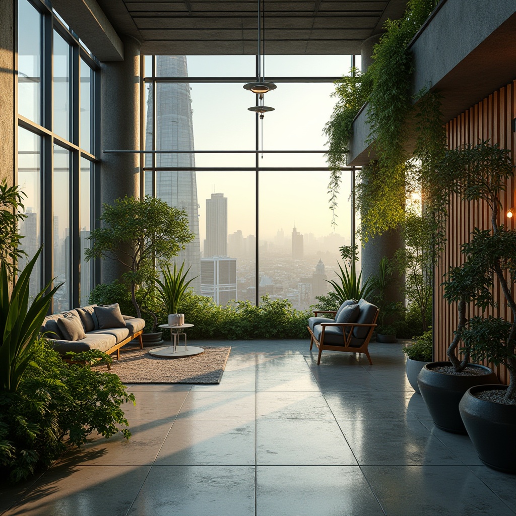 Prompt: Urban oasis, modern skyscraper, rooftop garden, lush greenery, minimalist decor, sleek lines, polished concrete floor, floor-to-ceiling windows, panoramic city view, subtle natural light, soft shadows, potted plants, succulents, bonsai trees, wooden accents, industrial chic, metal beams, reclaimed wood, urban jungle, bird's eye view, warm ambient lighting, shallow depth of field.