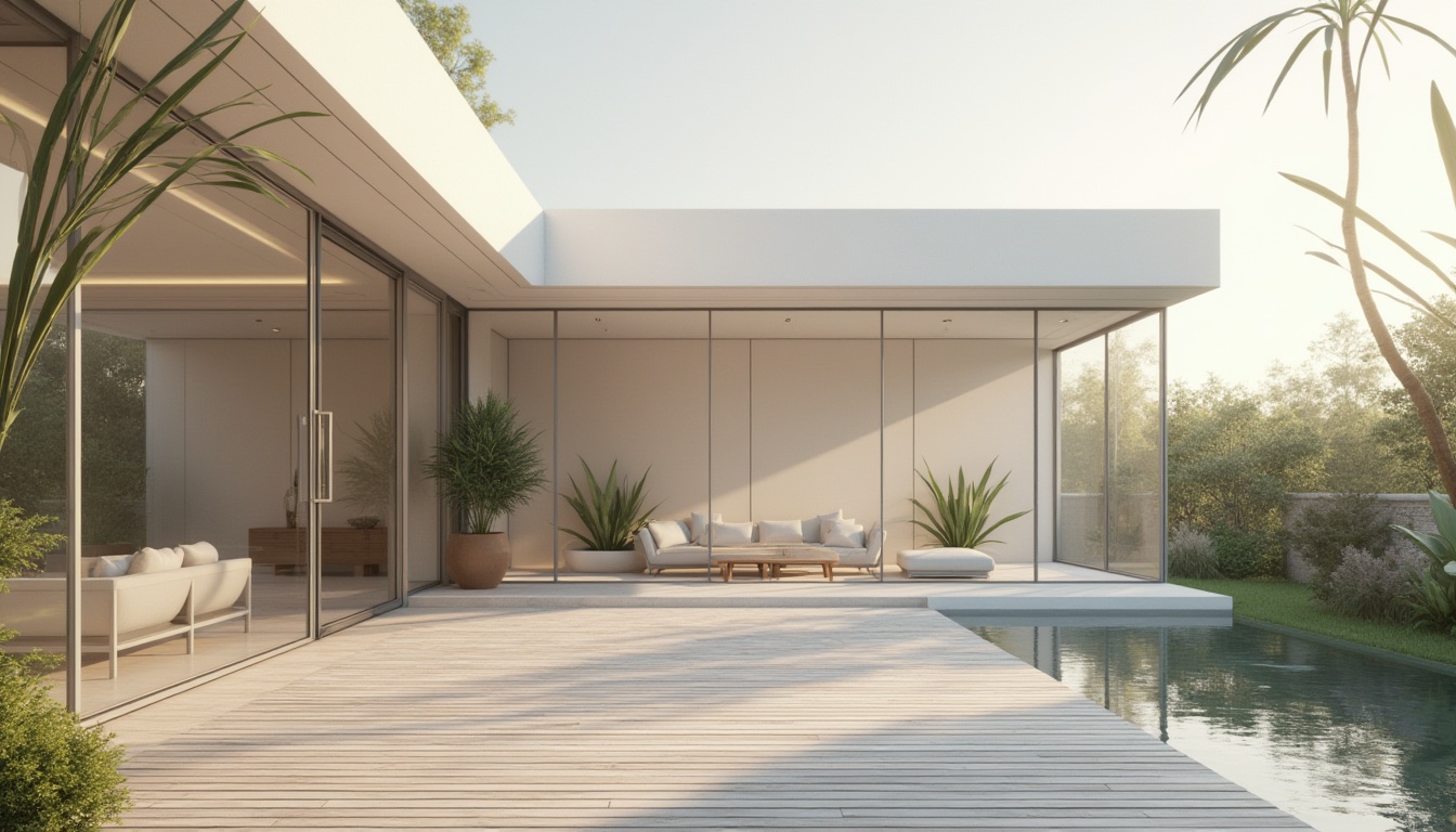 Prompt: Modern pavilion architecture, luxurious villa, glass facade, large windows, minimalism, white plaster walls, smooth texture, natural light, interior plants, wooden floor, simple lines, geometric shapes, afternoon sun, warm lighting, 3/4 composition, shallow depth of field, realistic rendering.