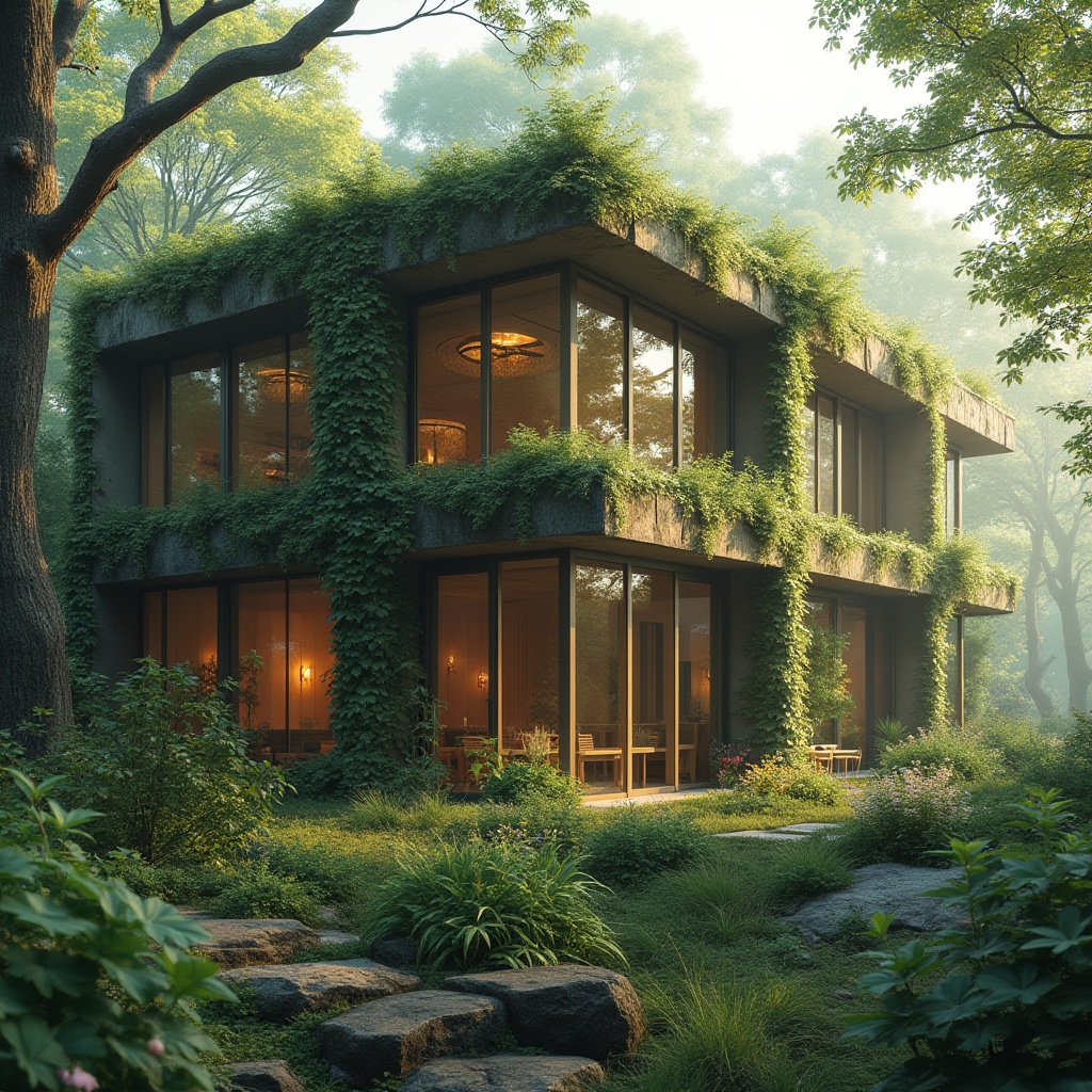 Prompt: Integrating nature with architecture, modern green building, lush greenery, vines crawling up walls, large windows, natural light pouring in, wooden accents, earthy tones, curved lines, organic shapes, rooftop garden, blooming flowers, towering trees surrounding, misty morning atmosphere, soft warm lighting, serene ambiance, peaceful coexistence of nature and structure.