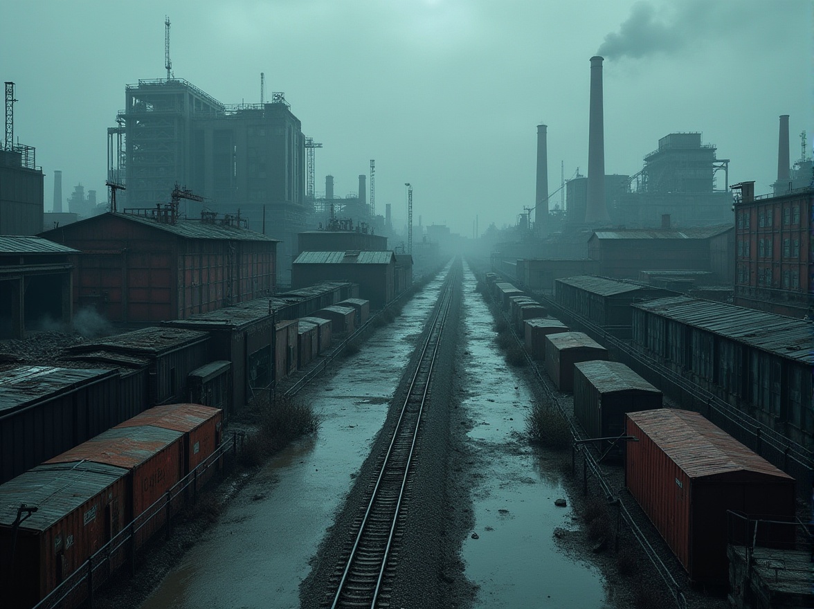 Prompt: Industrial area, urban landscape, factory buildings, metallic structures, cranes, chimneys, smokestacks, concrete roads, rusty rail tracks, old warehouses, abandoned containers, worn-out machinery, barbed wire fences, dim streetlights, misty atmosphere, evening time, cloudy sky, realistic textures, high-angle shot, cinematic composition.