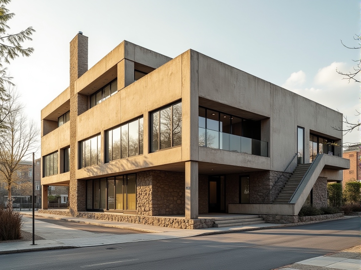 Prompt: Gainsboro colored building, modern architecture, urban setting, cityscape, sleek lines, geometric shapes, minimalist design, concrete walls, large windows, industrial chic, brutalist style, monochromatic color scheme, warm beige tone, natural texture, rough stone foundation, steel beams, cantilevered roof, asymmetrical composition, dynamic lighting, high contrast, cinematic mood, 3/4 view, low-angle shot.