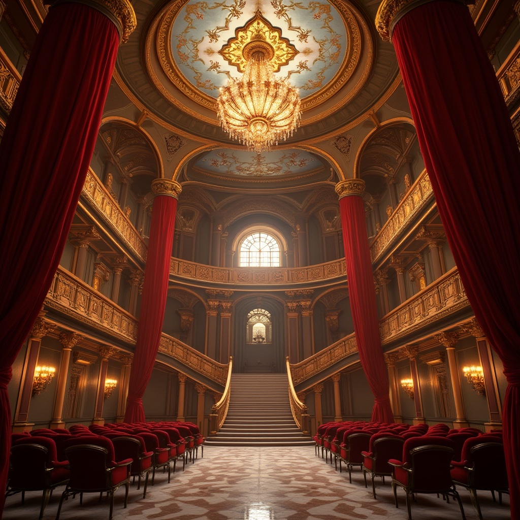 Prompt: Grand auditorium, classicism style, majestic high ceiling, ornate chandelier, intricate moldings, luxurious red velvet curtains, golden accents, marble flooring, grand staircase, sweeping arches, dramatic lighting, warm ambient glow, ornate balconies, regal atmosphere, Renaissance-inspired architecture, majestic columns, symmetrical composition, low-angle shot, cinematic depth of field.