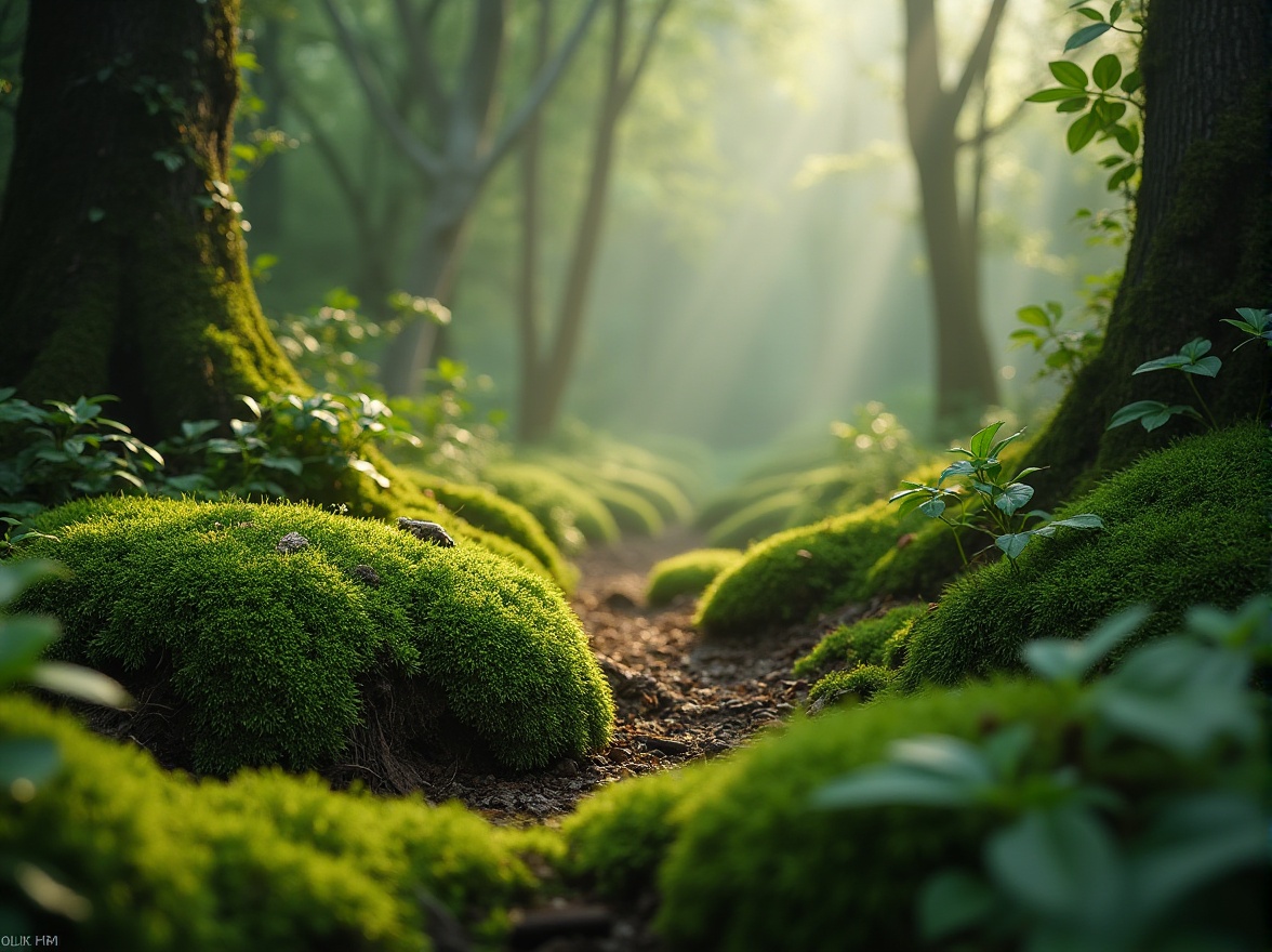 Prompt: Moss green, natural scenery, forest floor, lush vegetation, trees, vines, flowers, misty atmosphere, soft lighting, warm tone, earthy texture, organic structure, serene ambiance, peaceful composition, panoramic view, depth of field.