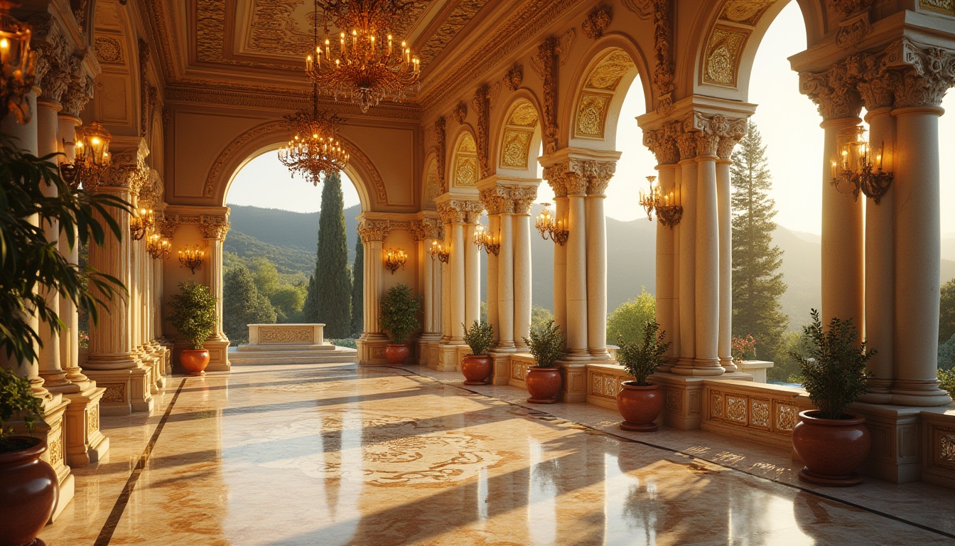 Prompt: Luxury villa, golden accents, grand entrance, symmetrical facade, ornate columns, intricate carvings, marble floors, golden chandeliers, lavish furnishings, opulent decorations, warm ambient lighting, afternoon sun, Mediterranean landscape, cypress trees, rolling hills, panoramic view, 3/4 composition, cinematic angle, warm color tone.