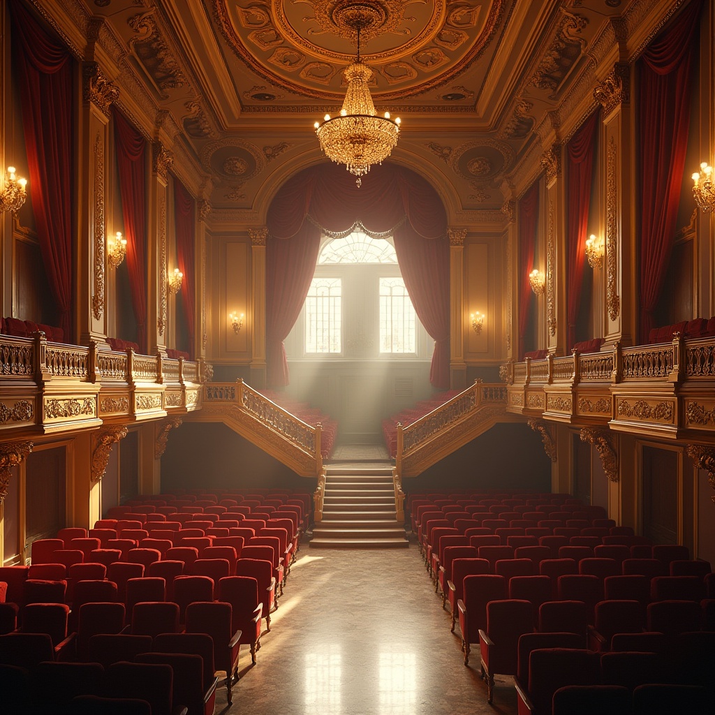 Prompt: Grand, majestic auditorium, classicism style, high ceiling, intricate moldings, ornate chandeliers, velvet red curtains, golden balconies, marble floors, grand staircase, luxurious seating, elegant atmosphere, soft warm lighting, afternoon sunbeams streaming through tall windows, subtle shadows, 3/4 composition, cinematic photography, depth of field, warm color tone, highly detailed textures.