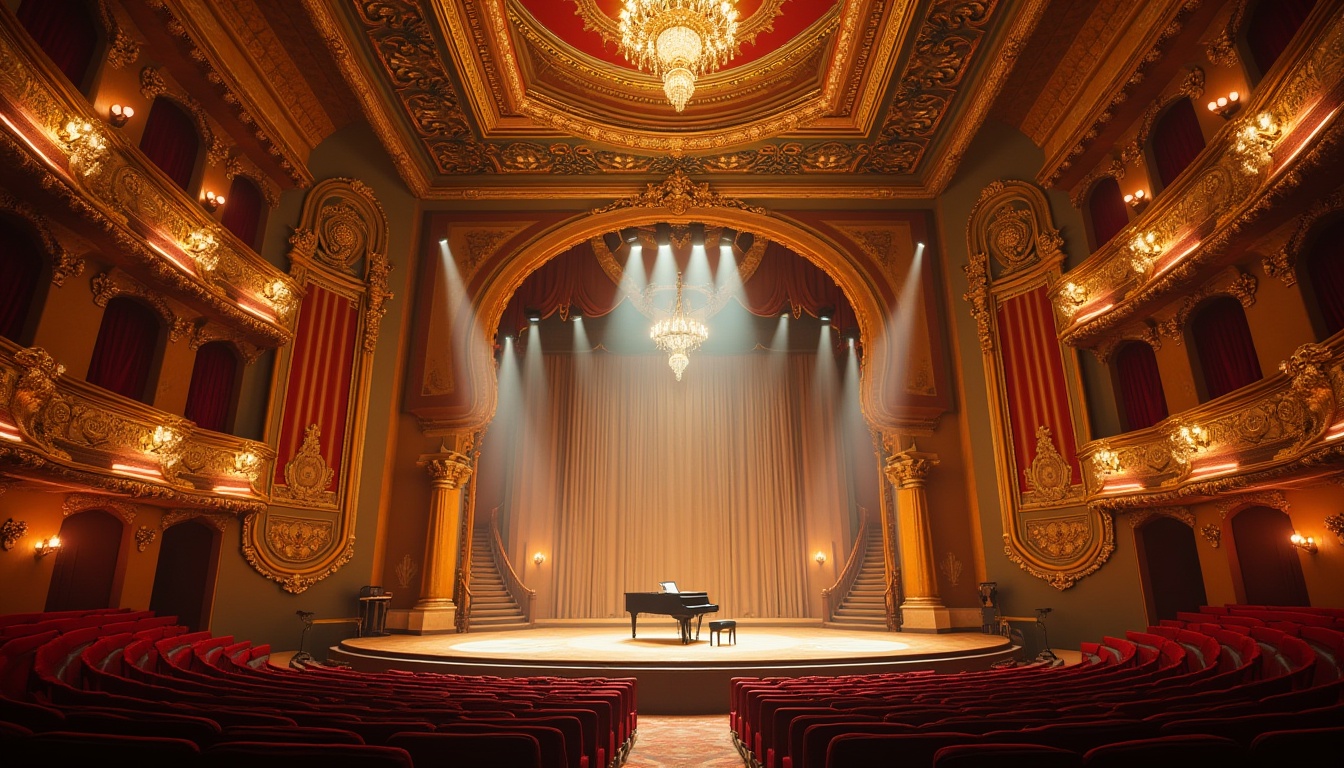 Prompt: Grand concert house, Art Nouveau style, ornate decorations, intricate ironwork, flowing organic lines, luxurious chandeliers, opulent curtains, lavish carpets, majestic staircase, ornamental railings, elegant balconies, soft golden lighting, warm ambient glow, rich wood tones, marble floors, velvet seats, grand piano on stage, dramatic spotlights, 3/4 composition, symmetrical framing, low-angle shot, cinematic mood, vibrant colors, stunning architecture, ornate details, luxurious atmosphere.