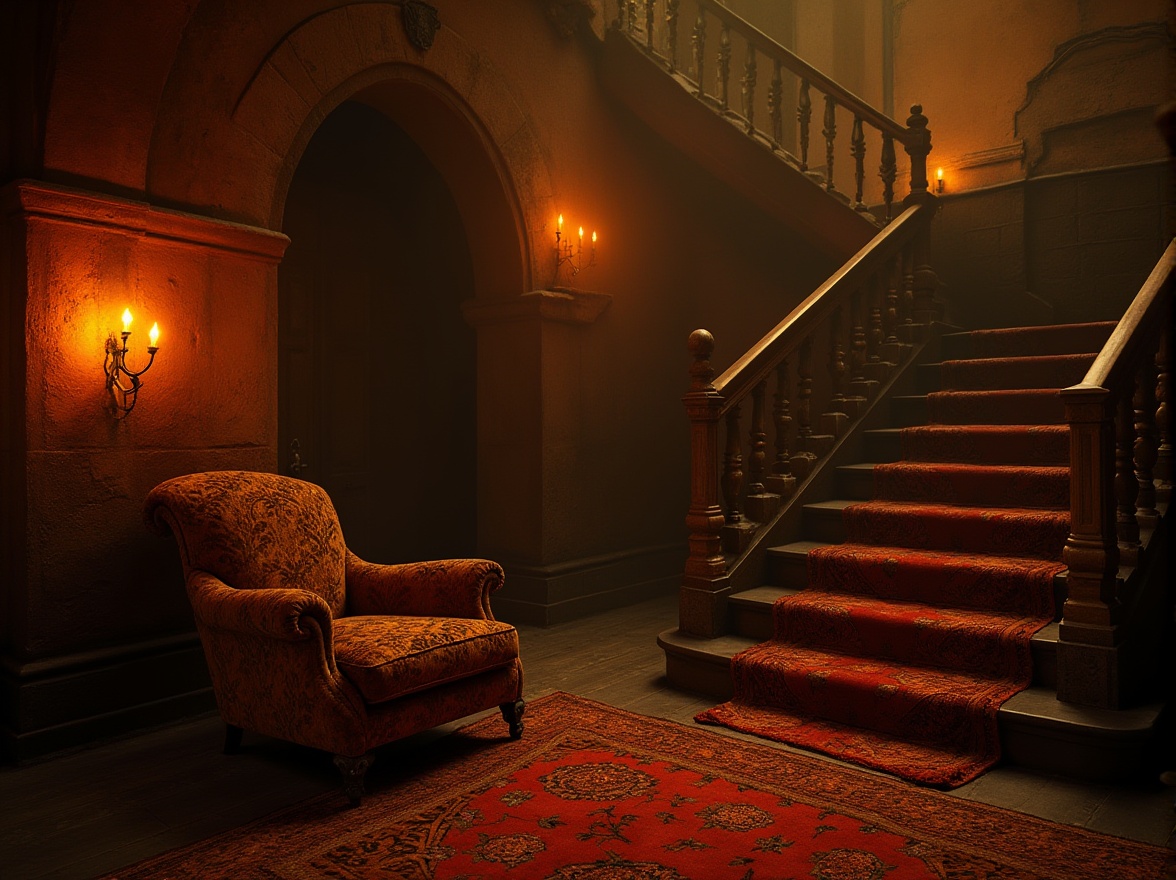 Prompt: Dark, mysterious Ocher color, gothic design, luxurious velvet fabric, intricate lace details, Victorian-era inspired, ornate patterns, dark red wine-colored roses, dimly lit, candlelight ambiance, eerie abandoned mansion setting, grand staircase, worn stone walls, mysterious doorways, dramatic shadows, cinematic composition, warm golden lighting, high contrast.