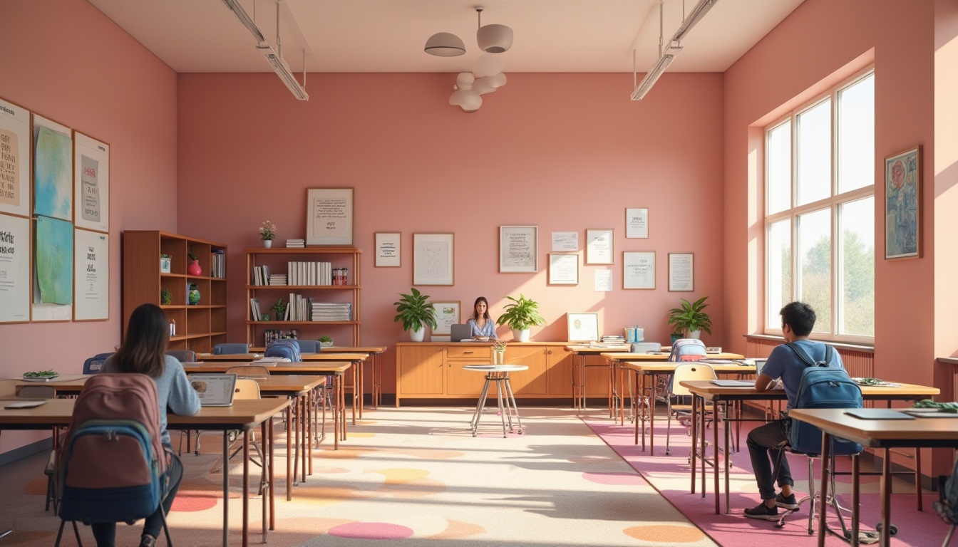 Prompt: Mauve colored walls, educational institution, modern interior design, calm atmosphere, soft indirect light, rows of wooden desks, metal chairs, students with backpacks, laptops and books scattered, motivational quotes on boards, green plants on shelves, abstract geometric patterns on carpets, warm and inviting ambiance, 3/4 composition, shallow depth of field, pastel color palette.