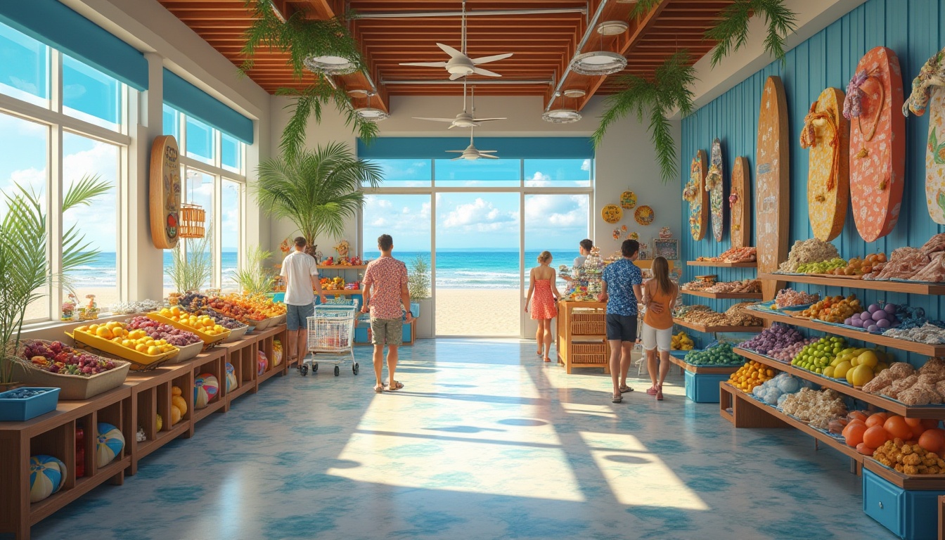 Prompt: Beach-themed grocery store interior, sunny day, bright natural light, blue and white color scheme, wooden shelves, surfboard-inspired display racks, palm tree decorations, seashell-shaped baskets, beach ball-patterned flooring, refreshing ocean breeze, calm atmosphere, customers walking with shopping carts, store employees wearing Hawaiian shirts, tropical fruit stands, colorful beach towels on sale, seaside-inspired signage, driftwood accents, coral reef-patterned walls, warm and inviting lighting.