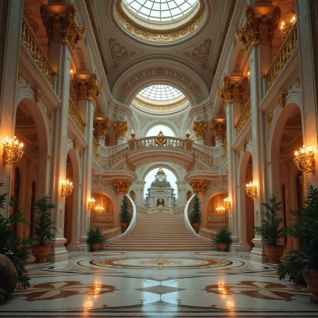 Prompt: Baroque style palace, futuristic twist, grandiose, ornate decorations, gold accents, marble columns, sweeping staircases, luxurious furnishings, lavish chandeliers, intricate carvings, imposing entrance, symmetrical composition, neoclassical revival, urban landscape, cityscape, metropolitan area, evening light, dramatic shadows, cinematic atmosphere, 3/4 view, wide-angle lens.