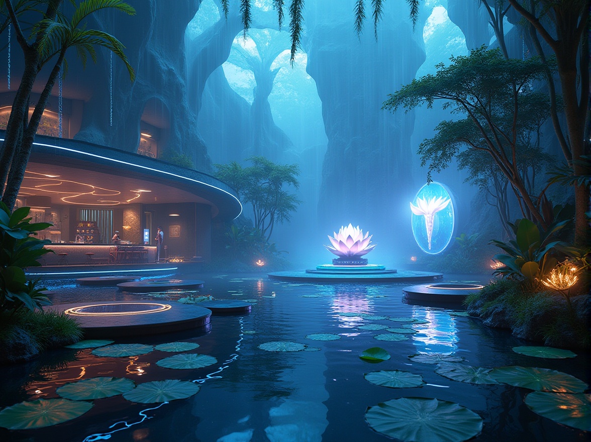 Prompt: Futuristic nightclubs, Wetland environments, misty atmosphere, neon lights reflecting off water, lily pads as entrance platforms, exotic plants with glowing accents, iridescent fog surrounding the building, LED-lit dance floor, holographic projections on walls, DJ booth shaped like a futuristic lotus flower, sleek metallic materials, glass floors with underwater views, luxurious VIP areas with aquariums, futuristic sound systems, misty ambiance, cinematic lighting, 3/4 composition, panoramic view.