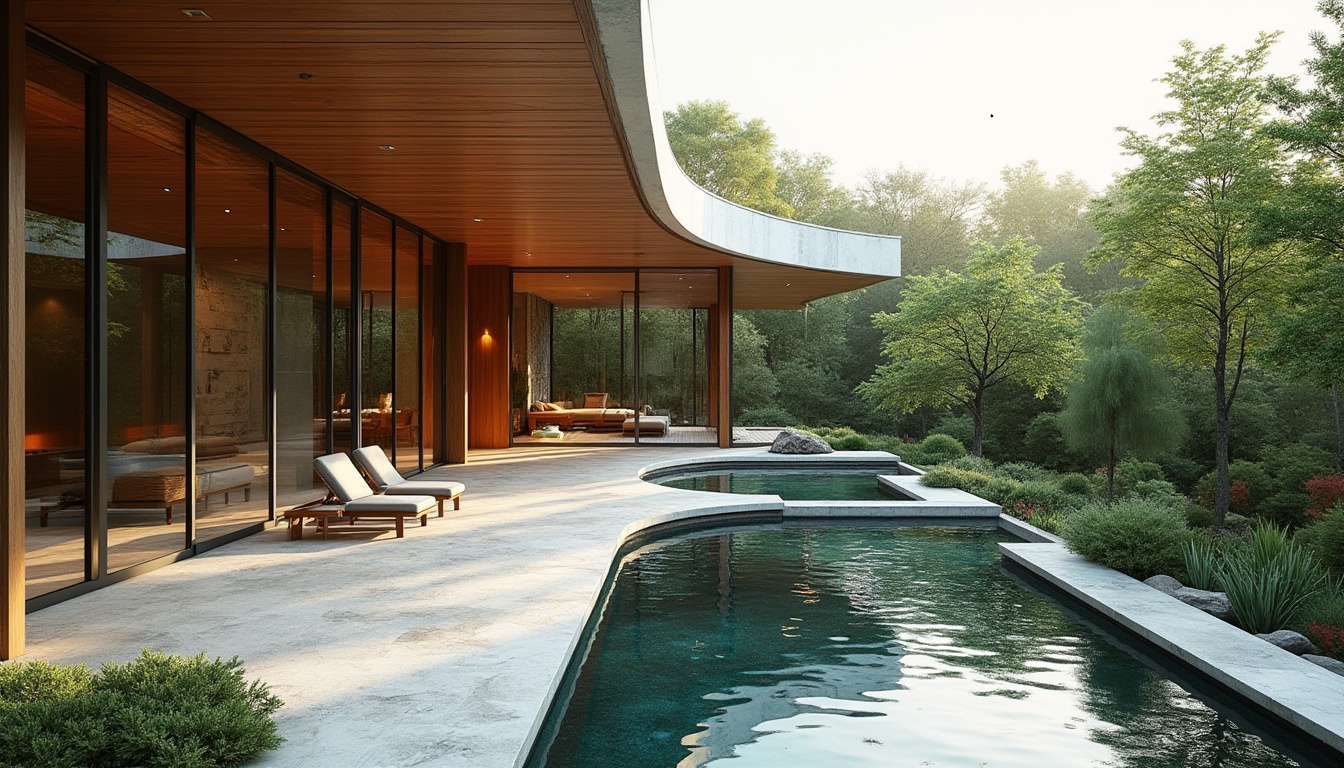 Prompt: Modern, luxurious villa, fusion of Art Deco, Minimalist, and Zen styles, sleek lines, curved edges, bold geometric patterns, natural materials, wood accents, marble floors, large windows, panoramic view, lush greenery, Japanese garden, koi pond, peaceful atmosphere, warm soft lighting, 3/4 composition, cinematic depth of field.