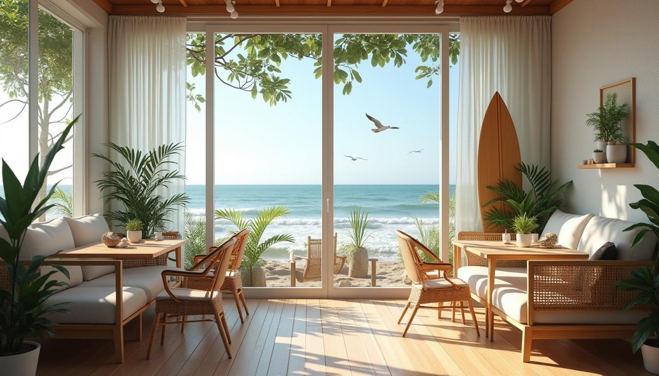 Prompt: Seaside coffee shop, modern minimalist design, large glass windows, wooden floors, comfy sofas, rattan chairs, nautical ropes, potted palms, beachy decorations, surfboard on wall, ocean view, sunny day, warm lighting, soft focus, 3/4 composition, shallow depth of field, refreshing atmosphere, gentle sea breeze, sound of waves crashing, seagulls flying overhead, distant sailboats.