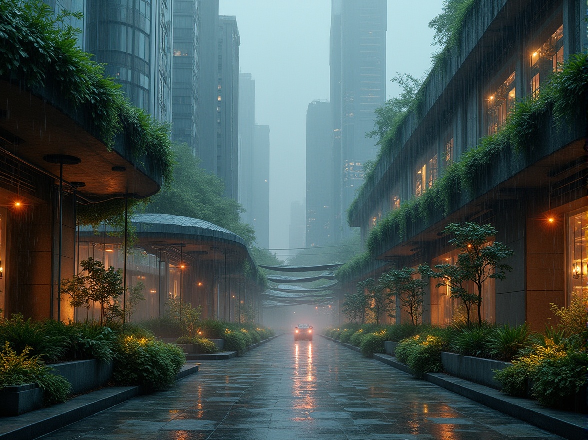 Prompt: Urban scenery, futuristic cityscape, sleek skyscrapers, curved lines, green roofs, lush vegetation, hanging gardens, natural stone walls, steel beams, glass facades, neon lights, misty atmosphere, rainy night, reflections on wet pavement, cinematic composition, low-angle shot, 3/4 view, warm color palette, soft focus, bokeh effect.