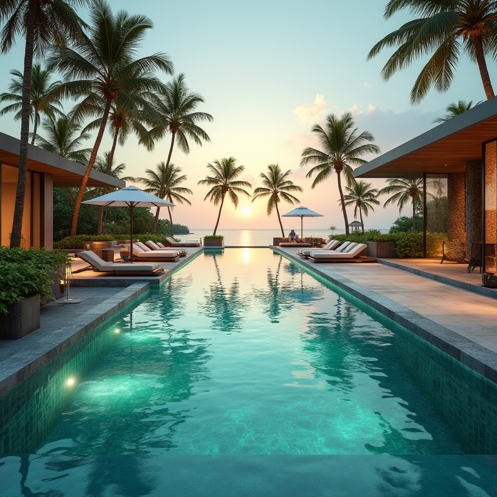 Prompt: Functional pool design, infinity edge, tropical island, crystal clear turquoise water, palm trees surrounding, lush greenery, modern architecture, villa, sleek lines, minimalist aesthetic, outdoor lounge area, sunbeds, umbrellas, refreshing cocktails, serene ambiance, warm golden lighting, sunset view, 3/4 composition, shallow depth of field.