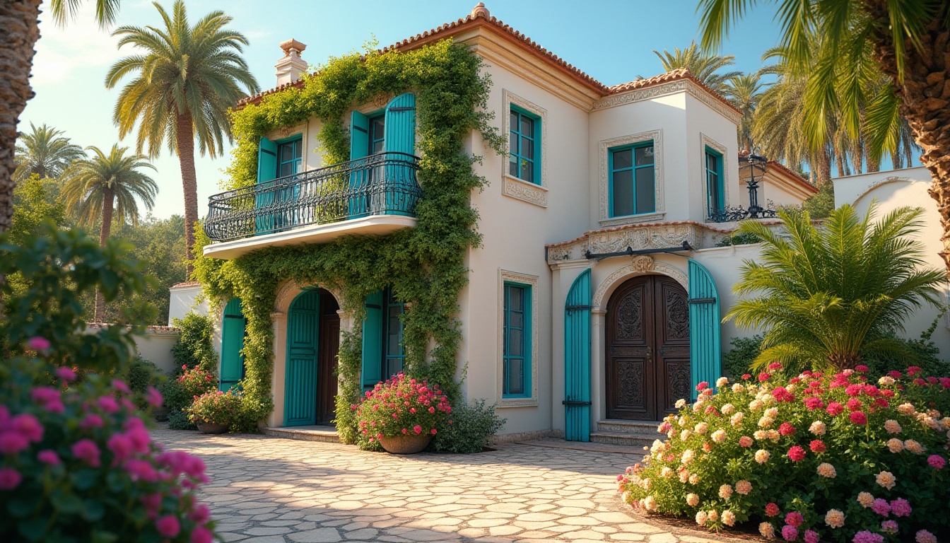 Prompt: Villa, Mediterranean style, periwinkle exterior walls, ornate decorations, white window frames, greenery overflowing from balconies, intricately carved wooden doors, vibrant turquoise accents, lavish garden, blooming flowers, palm trees swaying gently, sunny afternoon, warm soft lighting, 3/4 composition, shallow depth of field, beautiful detailed textures.