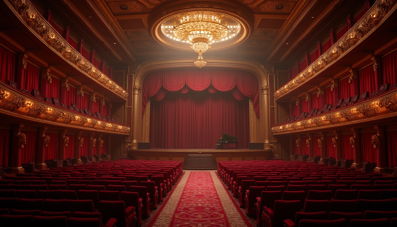 Prompt: Grand, luxurious theater interior, dramatic lighting, vibrant red velvet curtains, ornate golden frames, intricate carvings, lavish chandeliers, richly patterned carpets, majestic staircases, sweeping archways, opulent balconies, lavish box seats, grand pianos, mysterious backstage areas, dimly lit corridors, eerie shadows, atmospheric fog effects, dynamic spotlights, dramatic close-ups, low-angle shots, cinematic composition, 1920s art deco style, luxurious fabrics, heavy drapery, ornate molding, gilded accents.