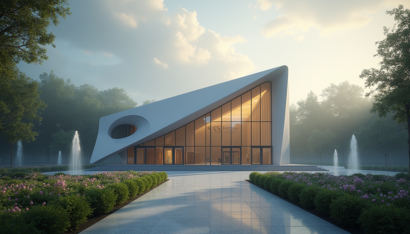 Prompt: Streamlined modern church, elegant facade, minimalist architecture, clean lines, geometric shapes, large windows, stained glass, subtle lighting, peaceful atmosphere, serene surroundings, lush greenery, blooming flowers, gentle fountain sounds, misty morning, soft sunlight filtering through trees, dramatic clouds, cinematic composition, high-angle shot, symmetrical framing.