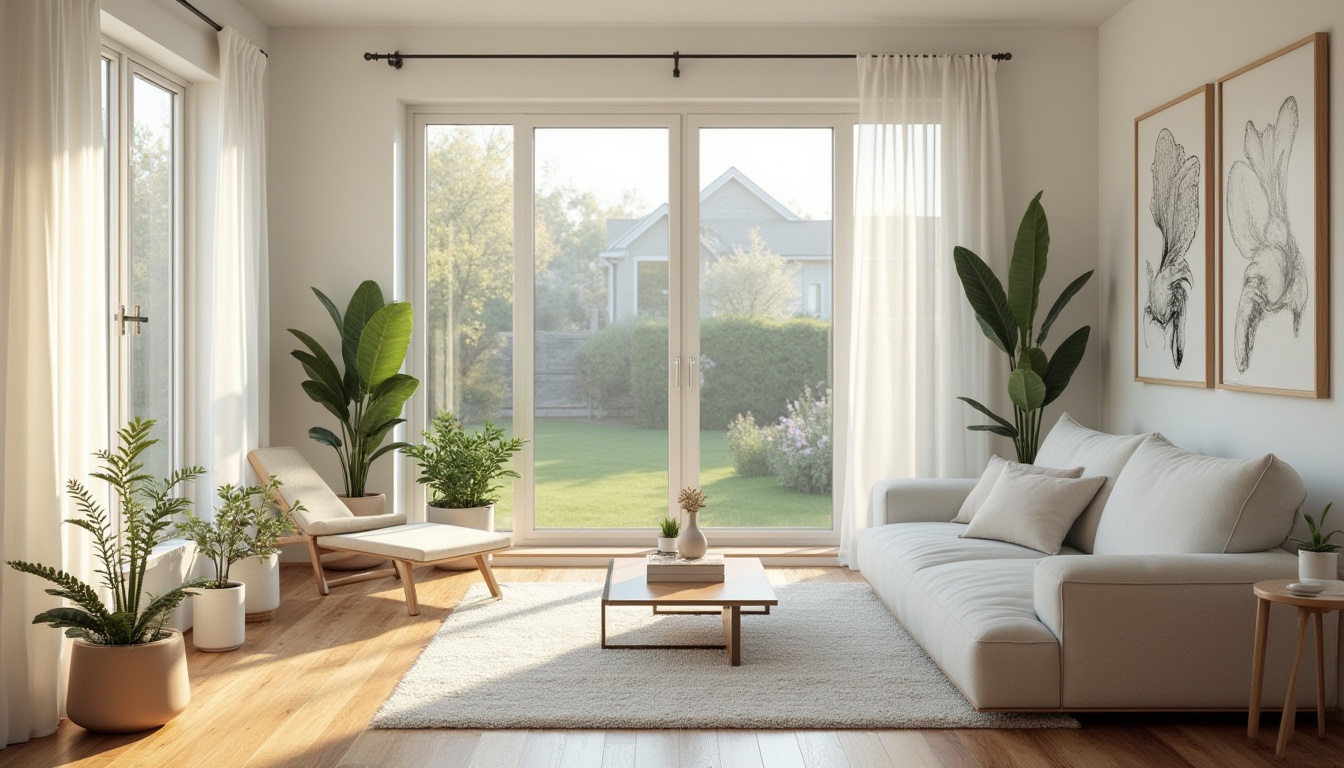 Prompt: Suburban home, minimalist interior, white walls, large windows, natural light, wooden floor, simple sofa, low-profile coffee table, potted plants, Scandinavian design, neutral color palette, clean lines, clutter-free space, morning sunlight, soft shadows, peaceful atmosphere, residential area, single-story house, pitched roof, green lawn, blooming flowers, gentle breeze, warm ambient lighting.