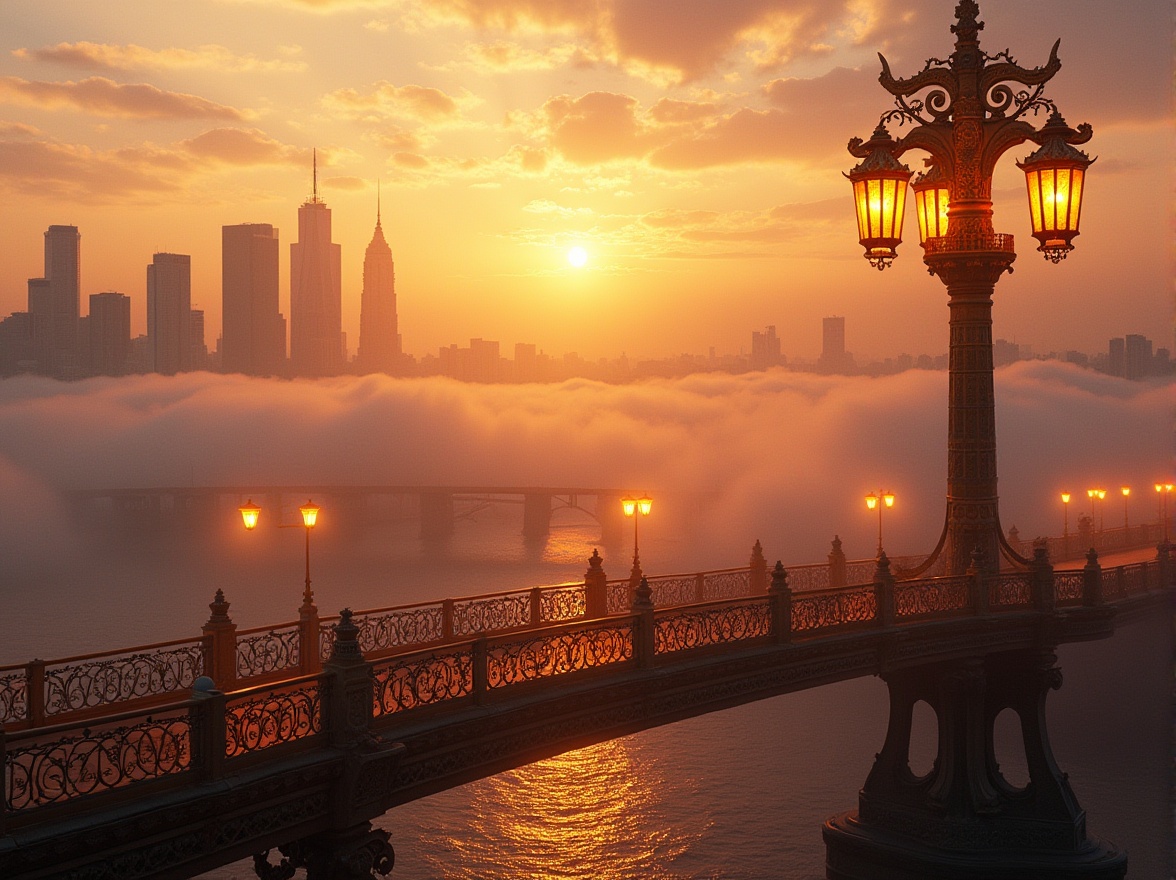 Prompt: Golden bridge, majestic cityscape, warm sunset lighting, intricate iron railings, ornate golden lanterns, suspended underneath, soft glowing, misty atmosphere, fog rolling in, distant skyscrapers, modern architecture, urban landscape, busy streets, vibrant city life, 3/4 composition, cinematic camera angle, shallow depth of field.