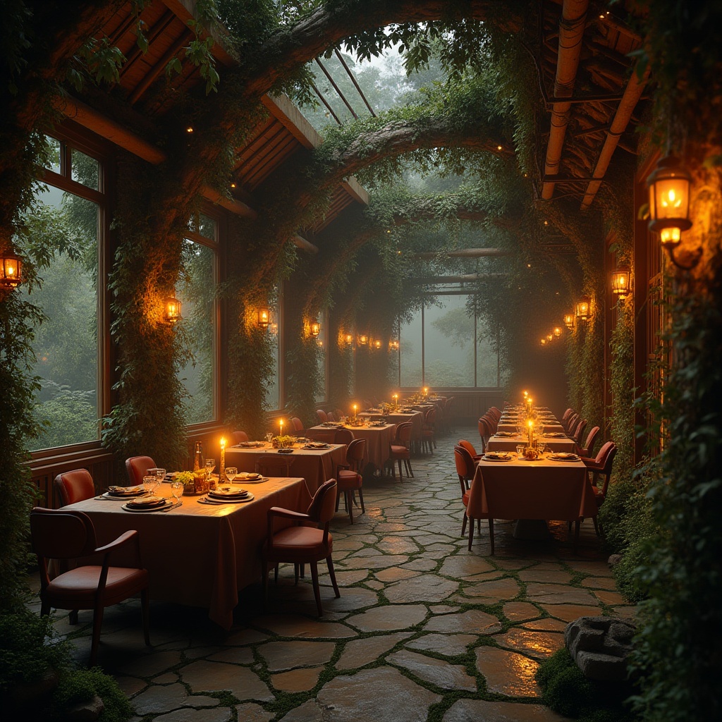 Prompt: Cozy forest-inspired dining hall, warm candlelight, wooden tables, velvet chairs, lush greenery walls, vines crawling up pillars, twinkling string lights, moss-covered stone floor, natural wood accents, earthy tones, lanterns hung from trees, soft forest sounds ambiance, misty atmosphere, morning dew, breakfast setting, family gathering, intimate seating arrangement, warm lighting, 3/4 composition, rustic wooden beams, natural stone walls, ivy-adorned windows, nature-inspired centerpiece.