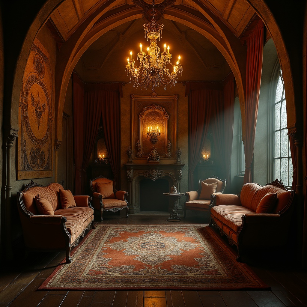 Prompt: Gothic interior, Ocher color palette, mysterious ambiance, dimly lit, ornate furniture, velvet drapes, intricate carvings, stone walls, grand chandelier, mystical symbols etched on walls, dark wood flooring, luxurious fabrics, heavy curtains, dramatic lighting, eerie shadows, 3/4 composition, cinematic mood, high contrast, HDR.