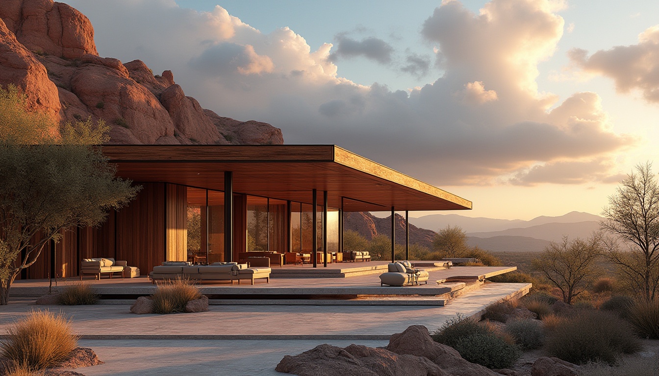 Prompt: Integrating pavilion designs, modern architecture, cantilevered roofs, glass walls, wooden accents, steel beams, natural stone floors, luxurious furniture, scenic canyon landscapes, Arizona desert, red rock formations, vast skies, dramatic clouds, sunsets, warm golden lighting, soft shadows, 3/4 composition, panoramic view, atmospheric perspective, realistic textures, ambient occlusion.