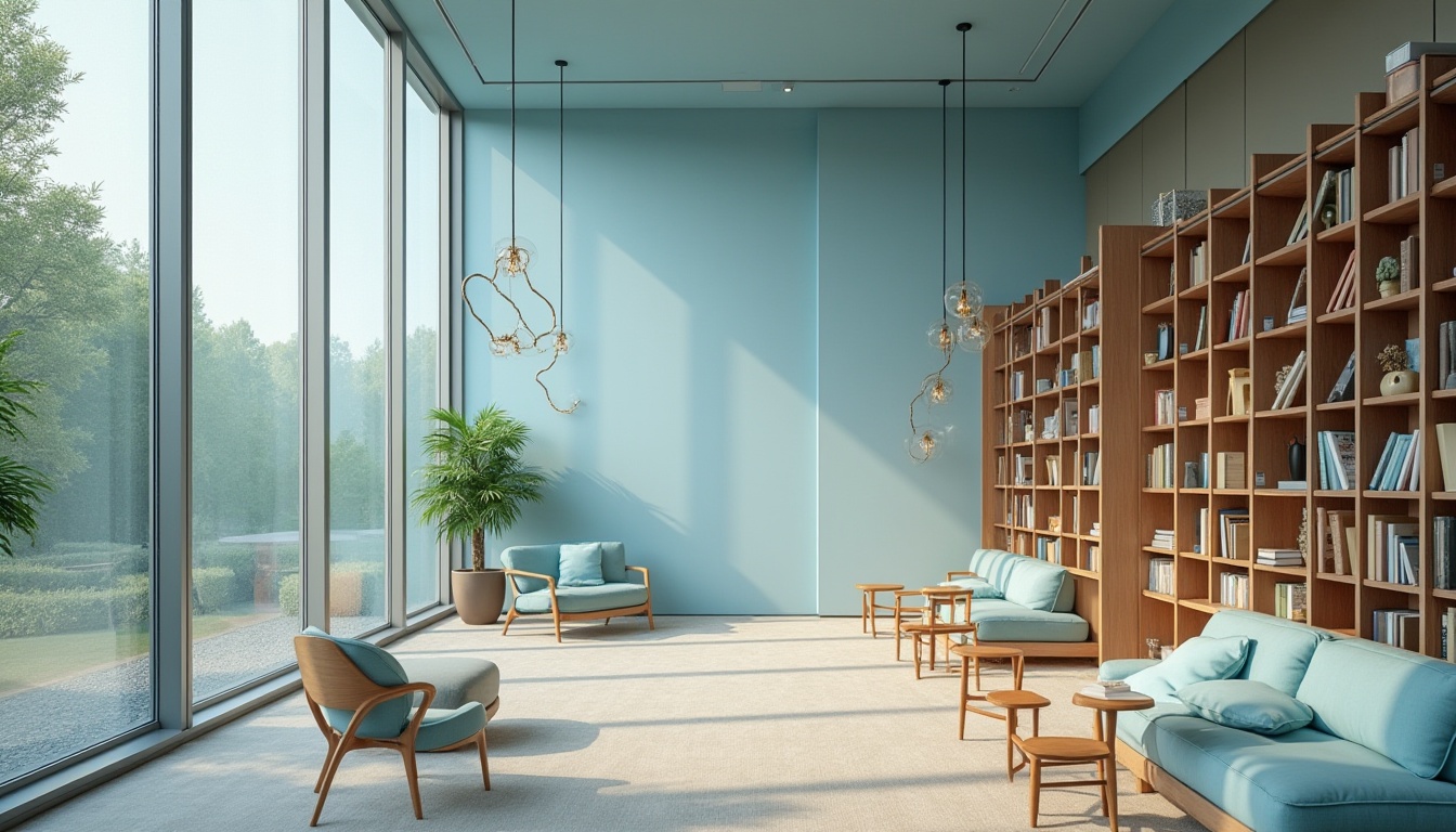 Prompt: Modern library interior, calm atmosphere, natural light pouring in through large sky blue glass windows, soft blue accent walls, wooden bookshelves with ladder, comfortable reading nook with plush sky blue cushions, minimalist tables and chairs, floor-to-ceiling bookcases with sliding ladders, warm beige carpet, elegant chandelier, subtle texture on the walls, 3/4 composition, shallow depth of field, vivid color contrast, softbox lighting, peaceful ambiance.