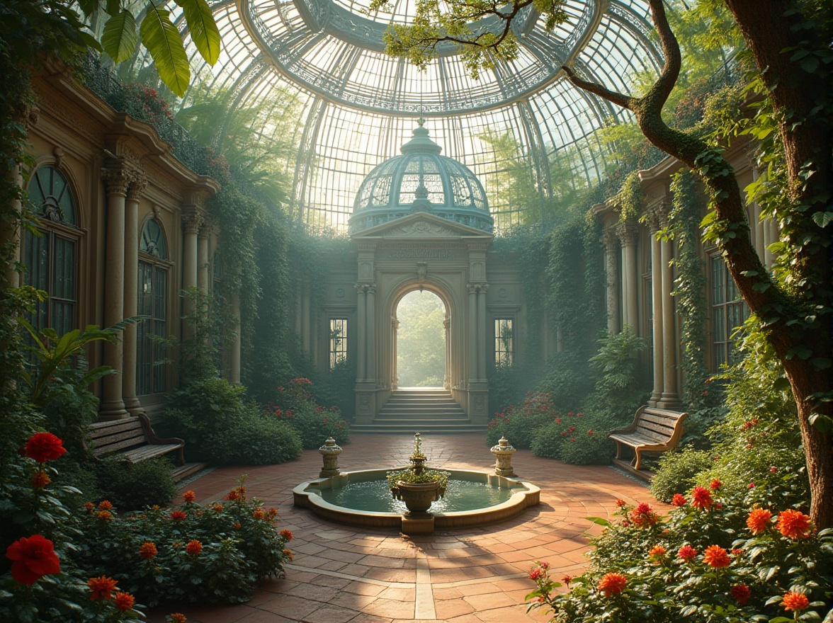 Prompt: Grand, neoclassical greenhouse, elegant curves, ornate iron framework, lush greenery, tropical plants, delicate vines, exotic flowers, soft natural light, warm ambient glow, misty atmosphere, Victorian-era inspired architecture, intricate stone carvings, ornate wooden benches, classical statues, serene water features, rippling fountain, surrounded by a beautiful English garden, vibrant colorful blooms, soft focus, cinematic composition, warm afternoon sunlight, shallow depth of field.