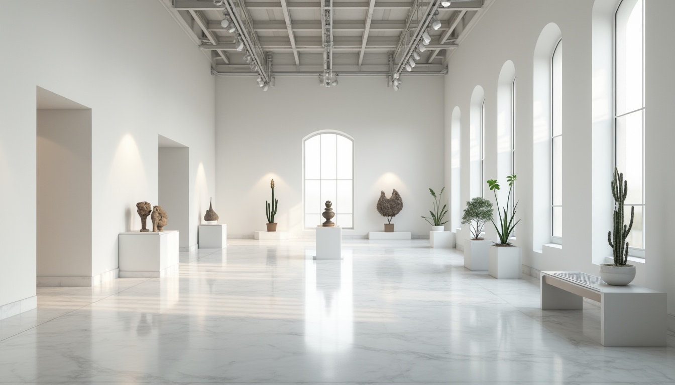 Prompt: Modern museum interior, minimalist style, empty space, white walls, polished marble floor, high ceiling, natural light pouring in through large windows, few exhibits displayed on simple pedestals, solo spotlight shining down, subtle shadows, calm atmosphere, elegant simplicity, empty benches, sparse greenery, geometric shapes, clean lines, industrial chic, abstract art pieces, monochromatic color scheme, soft diffused lighting, 3/4 composition, panoramic view.