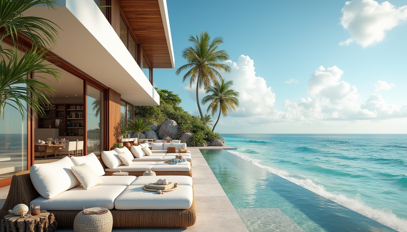 Prompt: Beach modernism design, coastal villa, minimalist architecture, large windows, sliding glass doors, natural light, ocean views, infinity pool, outdoor lounge area, comfortable sectional sofas, wooden accents, rattan furniture, nautical ropes, driftwood decorations, seashells, starfish, tropical plants, palm trees, beach towels, sunglasses, sunscreen lotion, refreshing cocktails, sunny day, blue sky, white puffy clouds, gentle sea breeze, calm waves, 3/4 composition, warm lighting, soft focus, shallow depth of field.