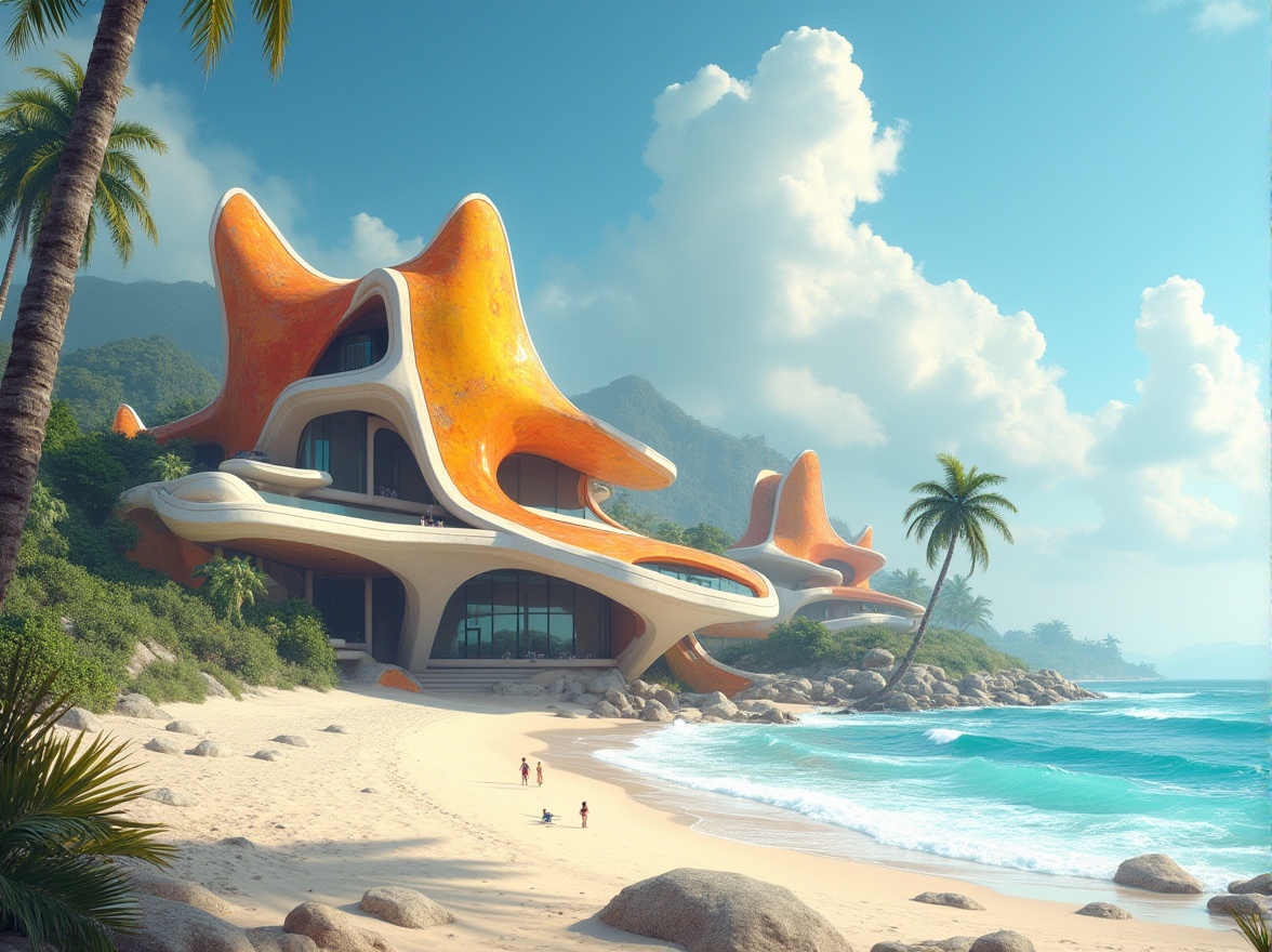 Prompt: University architecture, Expressionist style, beachside, futuristic, irregular shapes, bold colors, cantilevered structures, wavy lines, dynamic composition, panoramic view, dramatic lighting, misty atmosphere, sea spray, sandy beach, palm trees, tropical plants, sunny day, blue sky, fluffy white clouds, detailed textures, 3D modeling, realistic rendering.