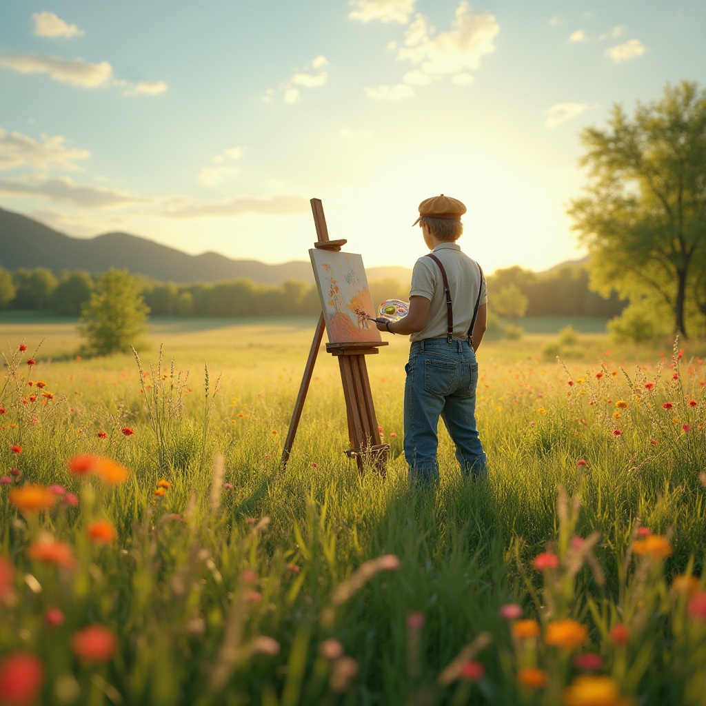 Prompt: Grassland scenery, natural canvas, warm sunlight, gentle breeze, wildflowers blooming in vibrant colors, tall grass swaying, a few trees scattered, simple wooden easel, painter wearing beret and holding palette, standing, legs apart, focused on painting, soft brushstrokes, colorful paints, artistic composition, serene atmosphere, soft focus, natural lighting, shallow depth of field, warm color tone, peaceful ambiance.