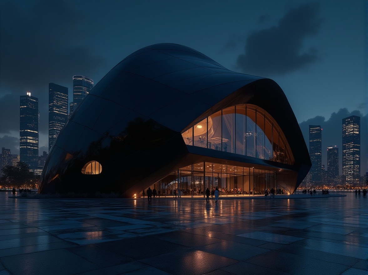 Prompt: Pavilion, modern architecture, black exterior, glossy finish, metallic material, geometric shape, sharp angles, minimalist design, urban setting, cityscape, nighttime, dramatic spotlighting, high contrast, bold composition, 3/4 view, cinematic mood, futuristic atmosphere.