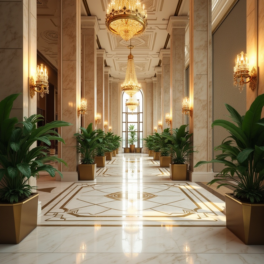 Prompt: Eclectic hospitality interior, luxurious hotel lobby, marble columns, intricate patterns, creamy white marble floors, polished chrome accents, lavish greenery, potted palms, ornate chandeliers, warm golden lighting, 3/4 composition, low-angle shot, symmetrical framing, soft focus background.