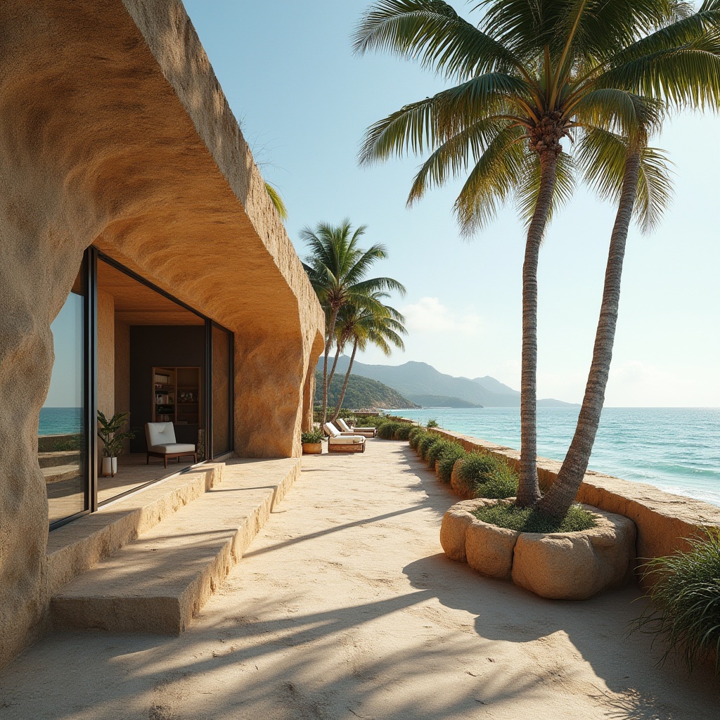 Prompt: Coastal architecture, sandstone building, beachside villa, tropical atmosphere, natural material, textured walls, earthy tone, rough surface, wave-cut pattern, ocean-inspired design, large windows, sliding glass doors, outdoor patio, seaside view, palm trees, blue sky, warm sunlight, soft shadows, 3/4 composition, natural lighting.