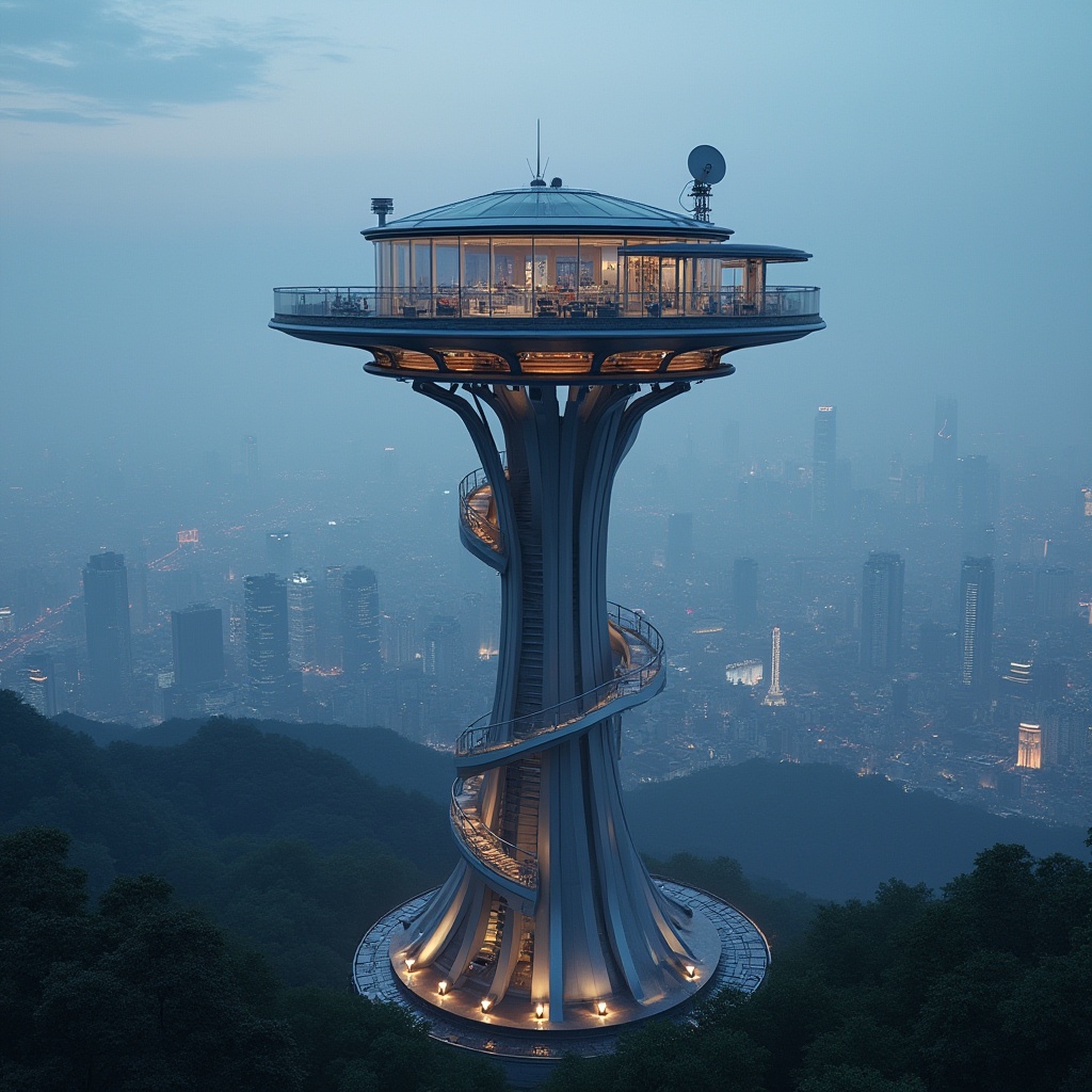 Prompt: Modern watching tower, sleek futuristic design, metallic silver exterior, glass panoramic viewing deck, spiral staircase, high-tech surveillance systems, satellite dish on rooftop, revolving restaurant, 360-degree cityscape view, neon lights at night, urban skyscraper background, misty atmosphere, cinematic composition, wide-angle lens.